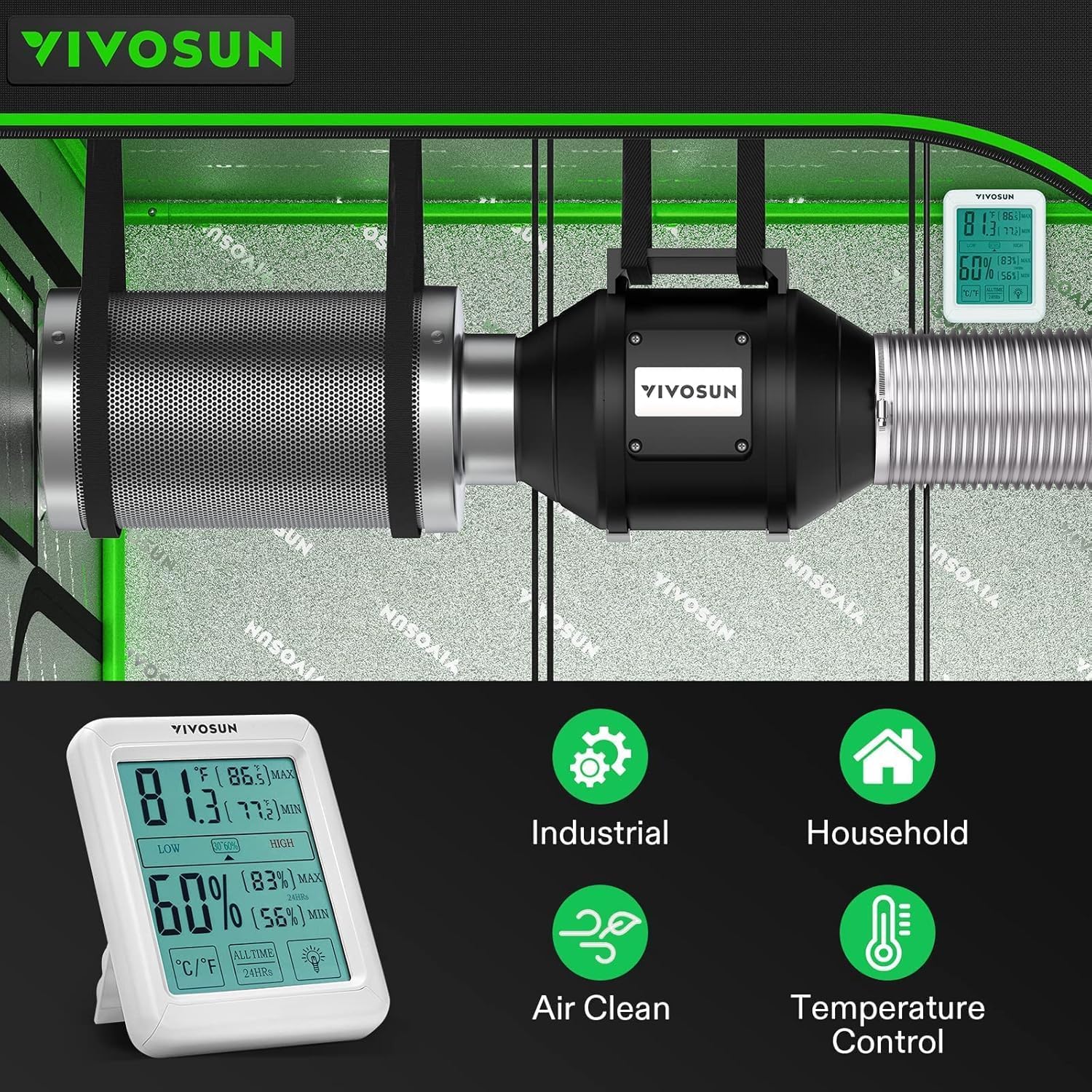 VIVOSUN Ventilador en Línea 200mm Extracción 1223m³/h con Regulador Velocidad Filtro Carbón 200mm Conducto 760cm Medidor Temperatura Humedad para Tendas Cultivo e Invernaderos