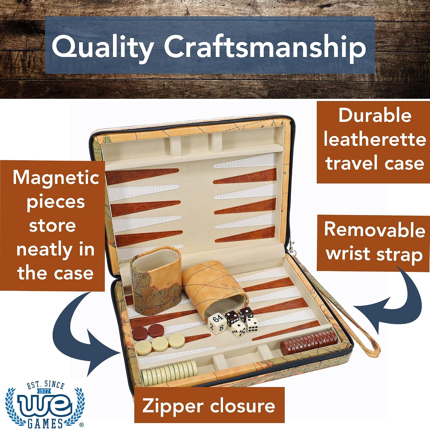 WE Games Backgammon Set, Board Games for Adults - Travel Games - Magnetic with Tan Map Style Leatherette Backgammon Board and Carrying Strap - Travel Backgammon Sets for Adults