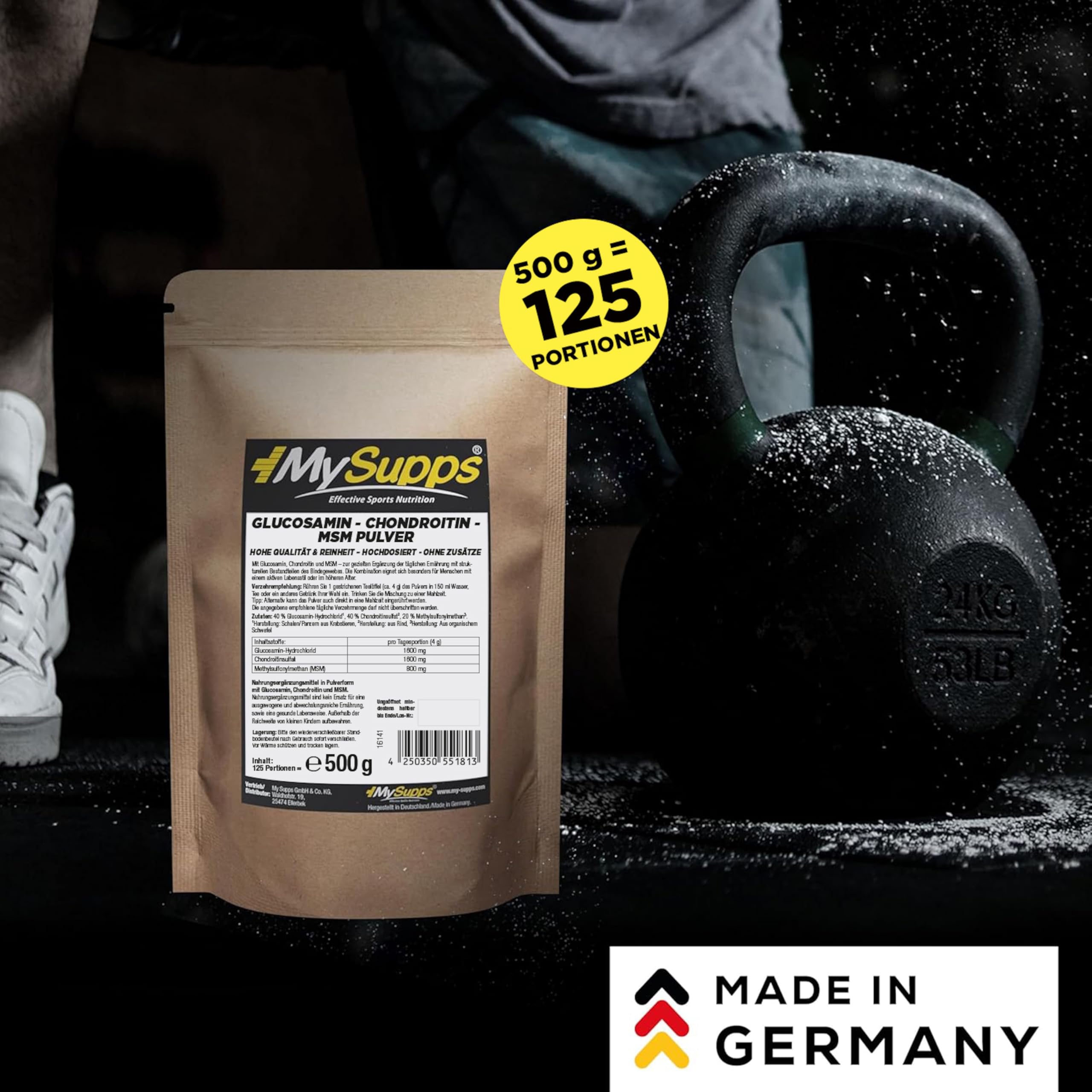 My Supps Glucosamin Chondroitin MSM Komplex l 500g Pulver hochdosiert für 4 Monate | 40% Glucosamin, 40% Chondroitinsulfat, 20% MSM | Neutral & gut löslich | Ohne Zusätze | Made in Germany