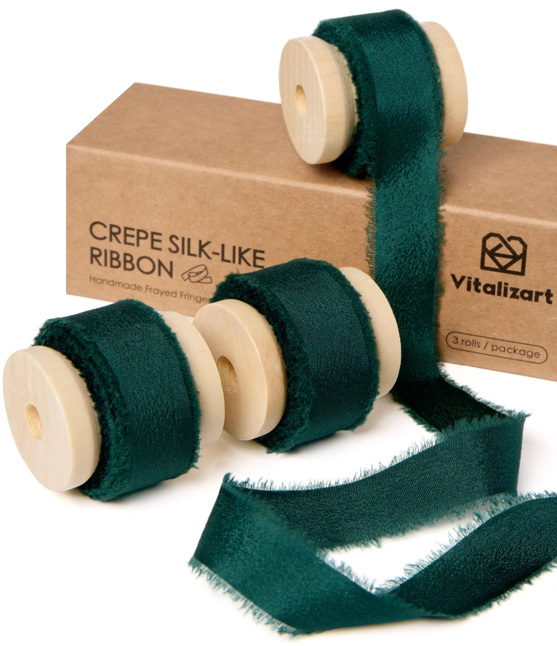 Vitalizart Green Ribbon Double Face Silky Satin Ribbon 5/8" Crepe Silk Like Handmade Frayed Fringe for Christmas Gift Wrapping Wedding Bridal Bouquets