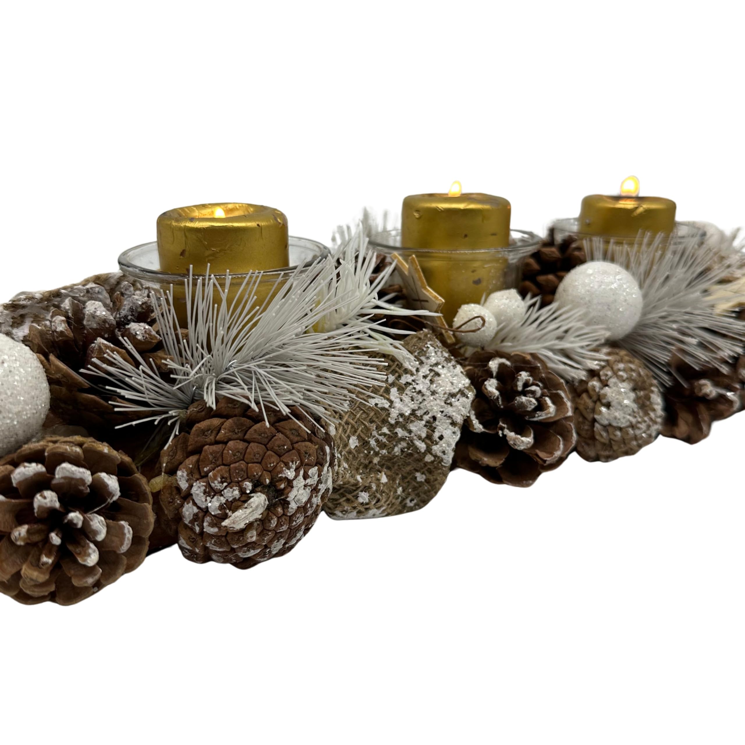Gruppo Maruccia - Centrotavola Natalizio Artigianale in Legno con Pigne e Vasi Porta Candela - Decorazione Natalizia per la casa - Idea Regalo