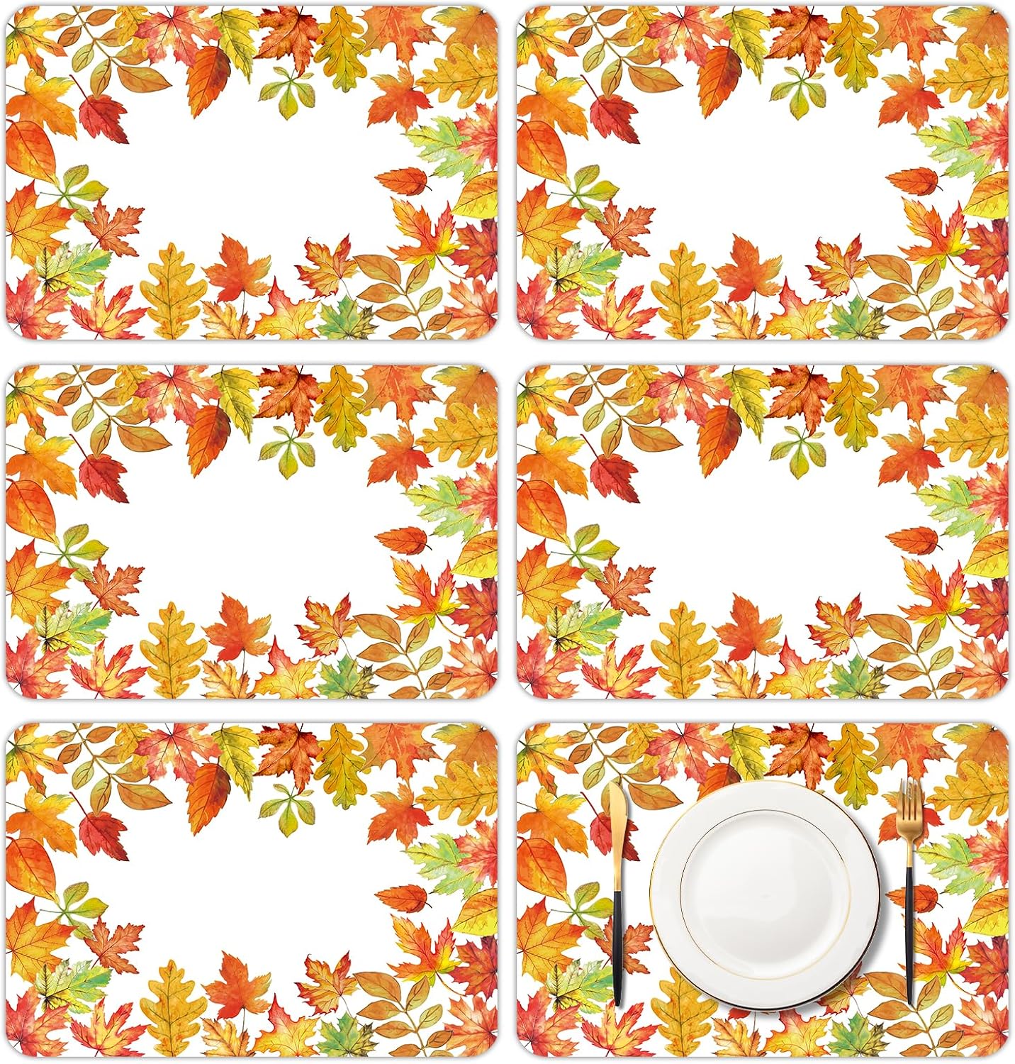 Fall Pumpkin Placemats Set of 6, 11x16 Inch Buffalo Plaid Plastic Place Mats Stain Resistant Table Mats for Autumn Harvest Thanksgiving Party Kitchen Dining Decor- Orange White Checkered