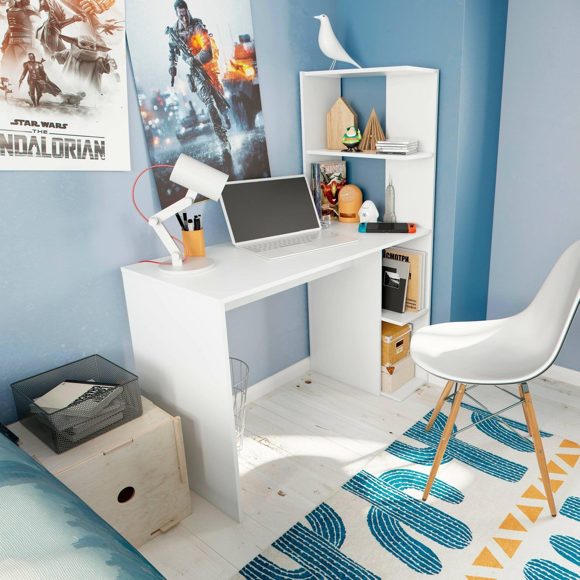 Dmora - Scrivania Pittston, Scrittoio lineare con libreria, Tavolo ufficio multiuso salvaspazio, 110x52h136 cm, Bianco