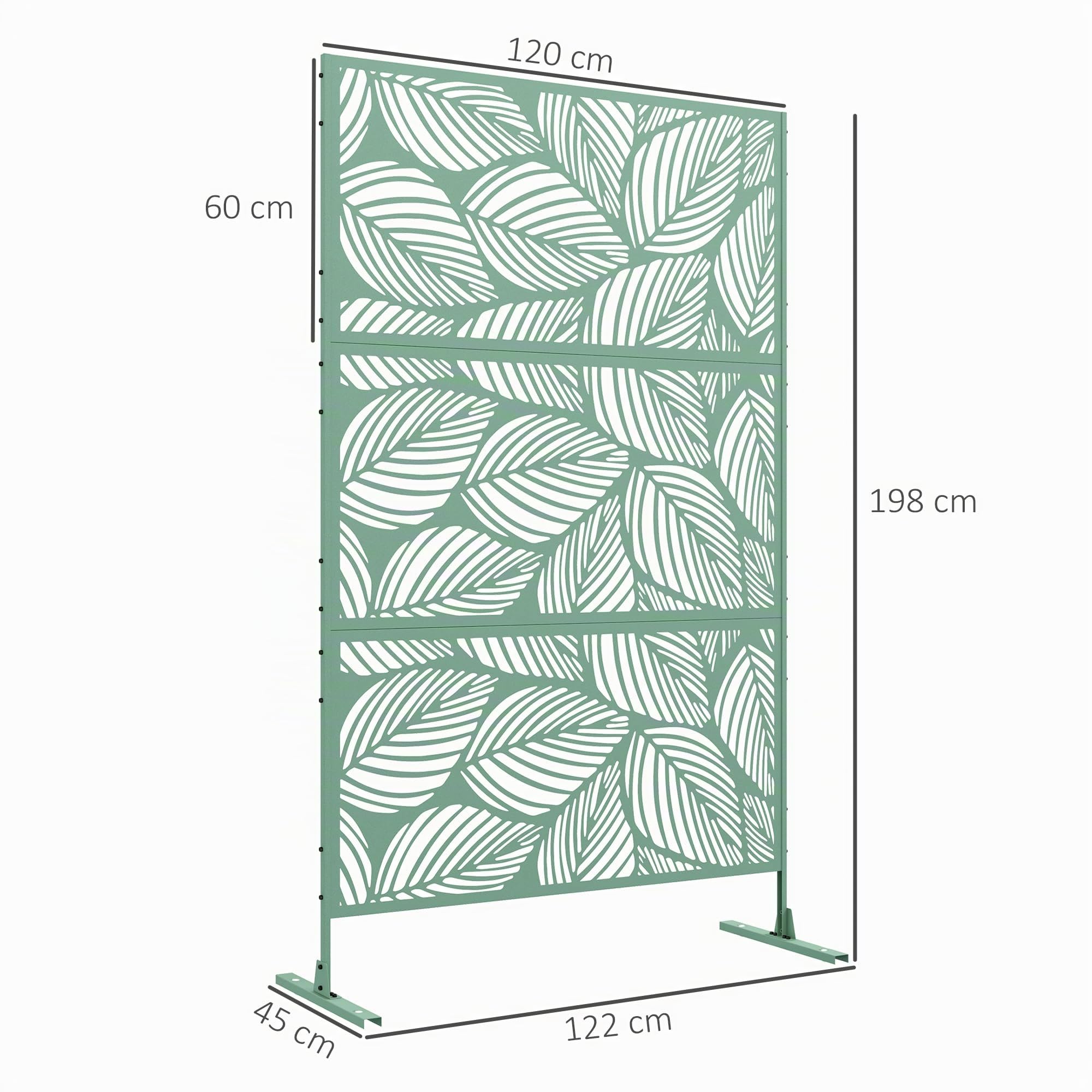 Outsunny Biombo de Exterior Separador de Ambientes con 3 Piezas Patrón de Hoja Grande y Marco de Acero Pantalla de Privacidad para Patio Terraza Jardín 122x45x198 cm Verde