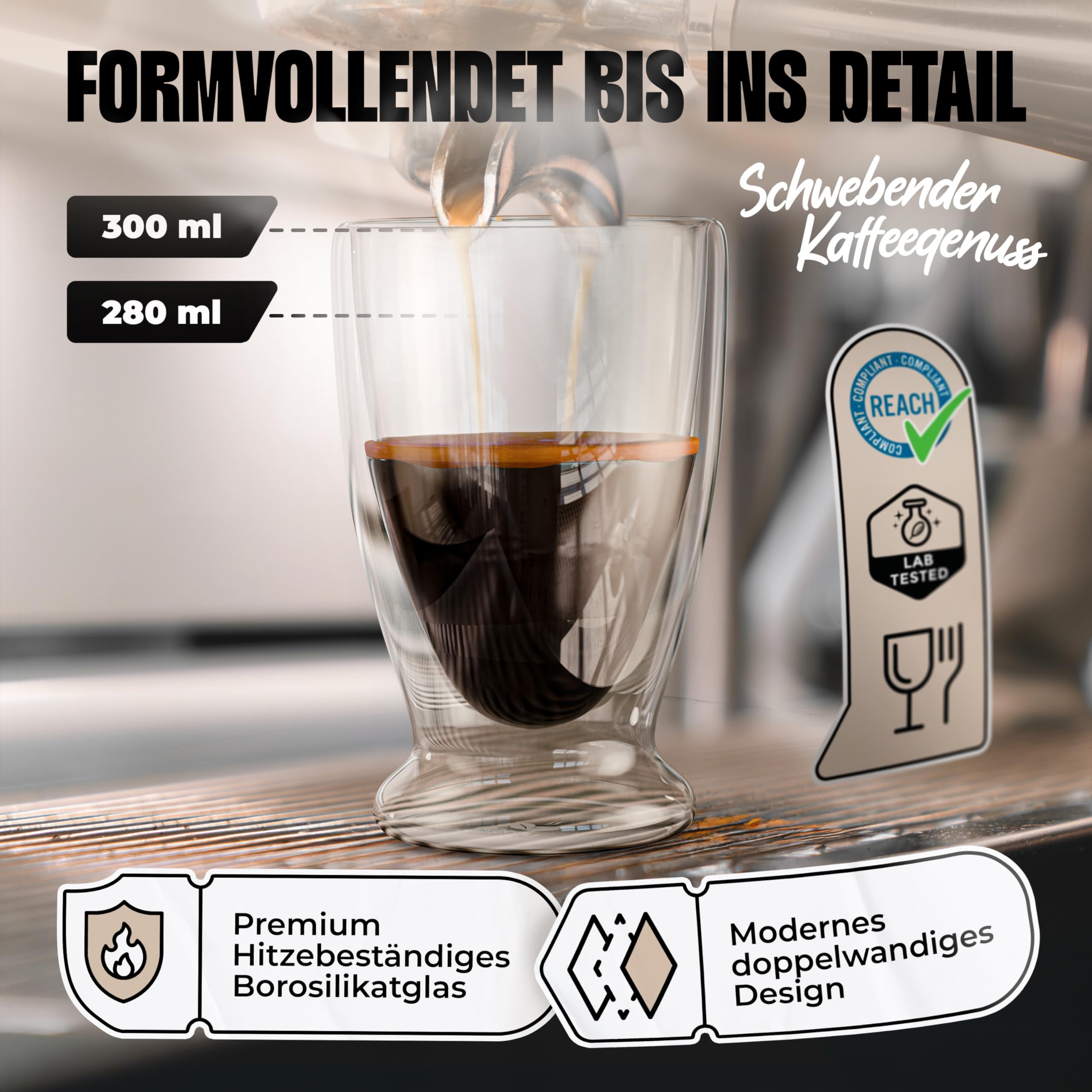 LAPRESO® Latte Macchiato Cappuccino Gläser Doppelwandig | Thermogläser Kaffeegläser Teegläser | Gläser Set 300 ml 6 Stück | Thermogläser Doppelwandig Kaffeetassen