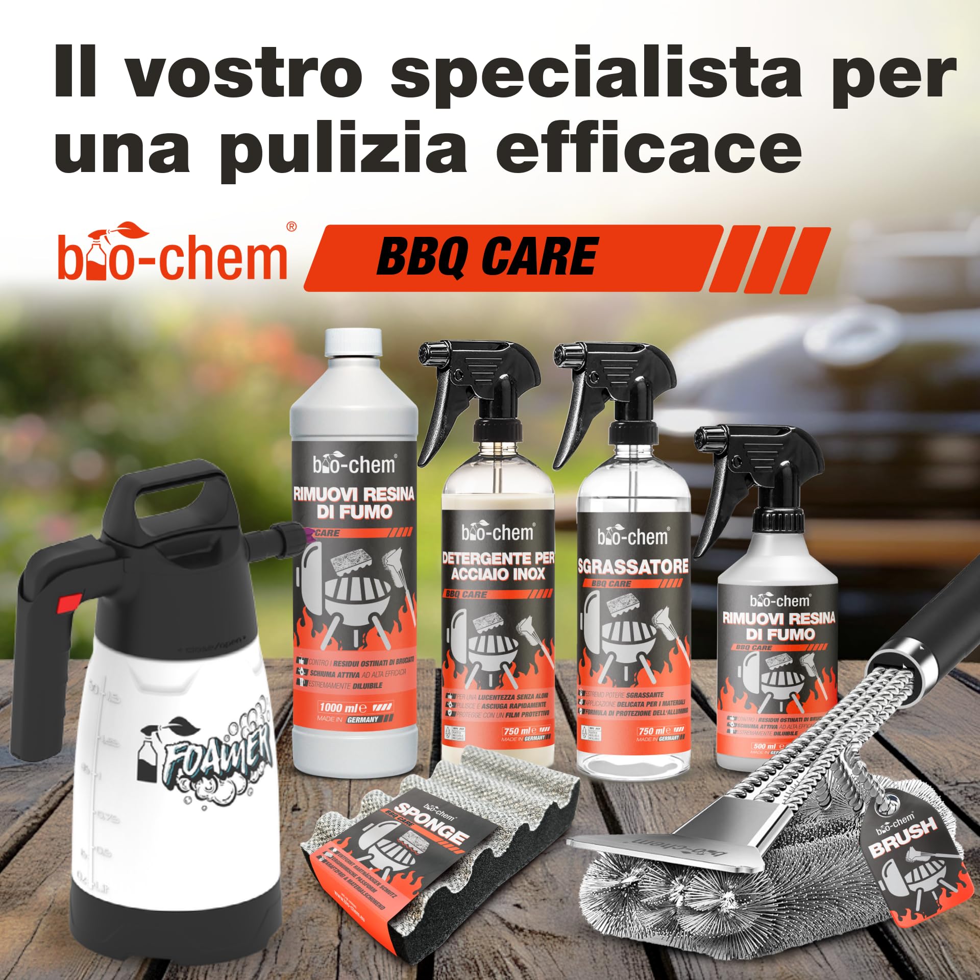bio-chem - Rimuovi Resina per fumi 1L - Pulitore sgrassante 2 in 1 Pulitore di Resina Spray per Griglie e Barbecue - Manutenzione della griglia del Barbecue