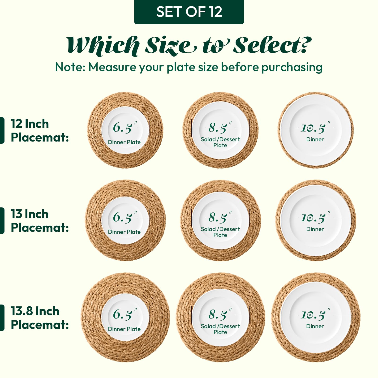 Condition photo showing As Is for 13 in round woven placemats plate chargers set of 12, boho farmhouse rustic woven place mats for kitchen dining party table decor, rattan wicker table mats jute braided chargers for dinner plates