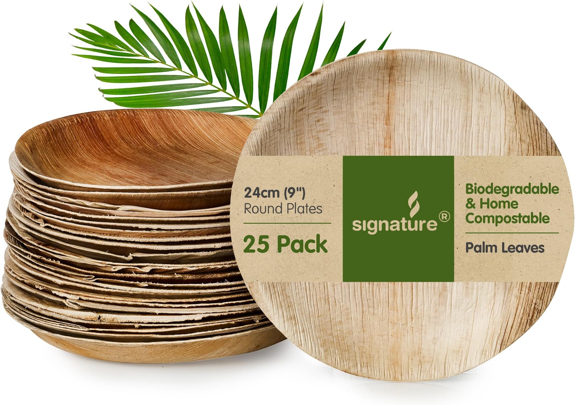Signature Packaging Disposable Palm Leaf Plates, Sturdy Eco-Friendly Biodegradable Compostable Plates for Hot Food, Weddings, Picnics, Parties and Outdoor Events - 9", (25 Pack) Round