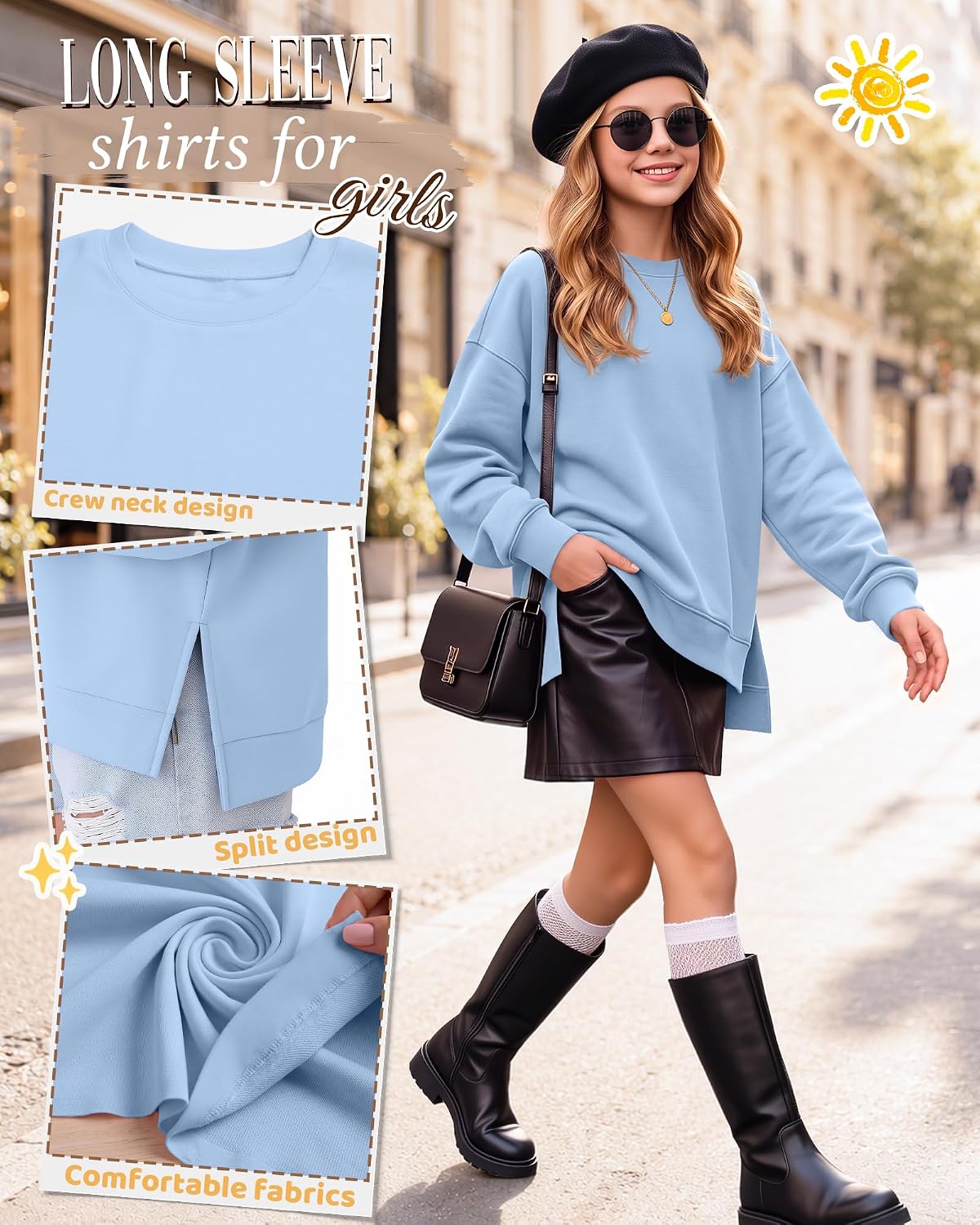 Girls Oversized Long Sleeve Crewneck Shirt 5-14Y