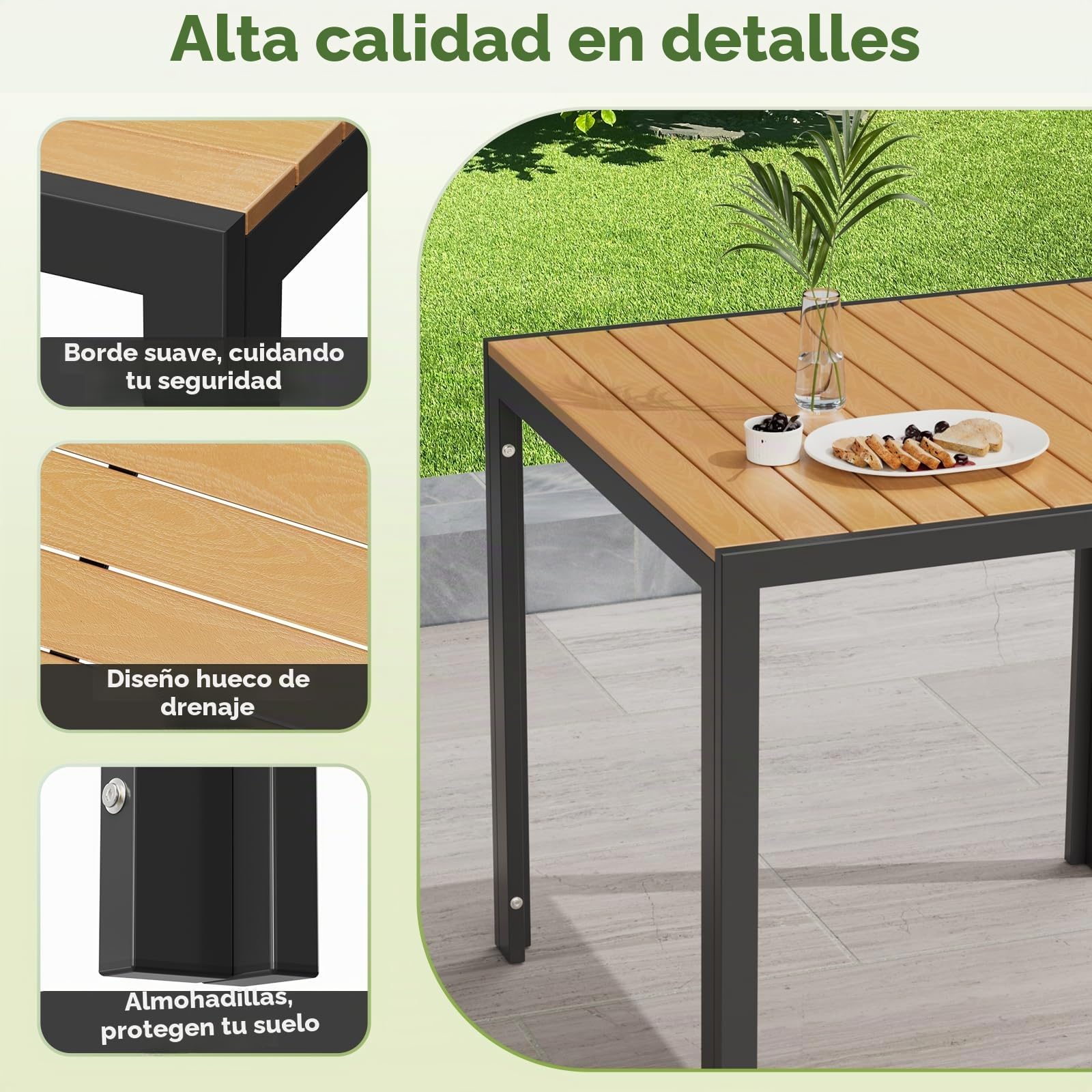 LIFERUN Mesa de jardín resistente a la intemperie, 75 x 75 cm, mesa de balcón de aluminio con tablero de WPC, mesa de comedor exterior para balcón y terraza, ligera, estable, cuadrada, color negro y