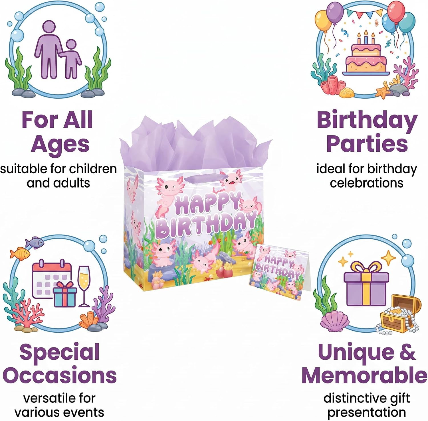 LankYavascript 13” Large Axolotl Happy Birthday Gift Bag Set with Handles, Greeting Card, Purple Tissue Papers and Stickers for Girls Kids Women Teens, Ocean-themed Design, 1 Pcs image 3