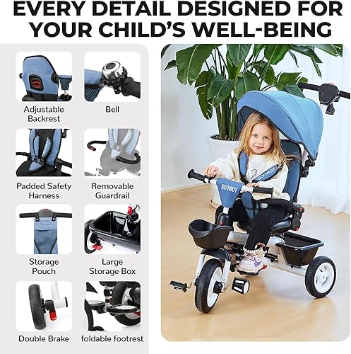Miniatura 9 de Triciclo para bebé, triciclo 6 en 1 para niños con mango de empuje ajustable, toldo extraíble, arnés de seguridad para niños de 18 meses a 5 años