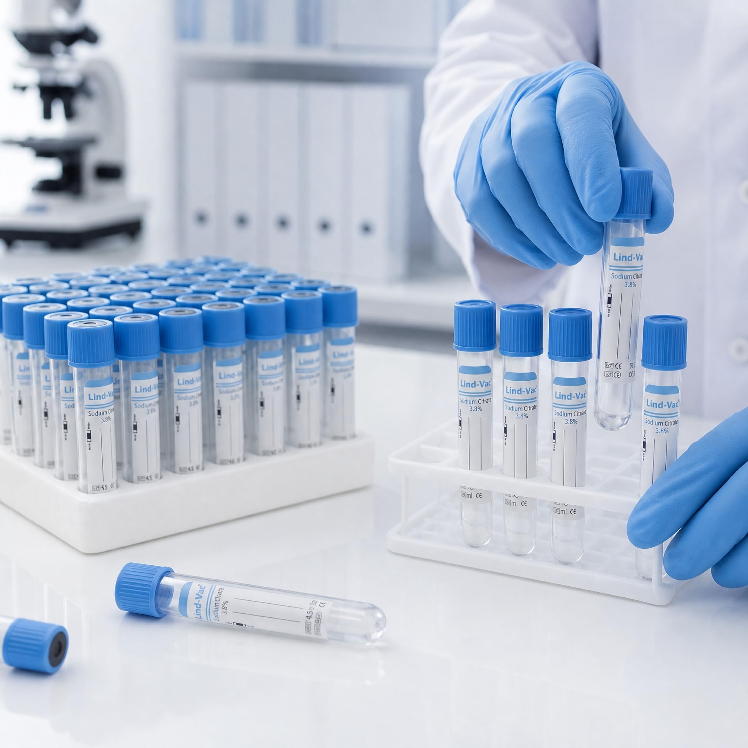 KMINA Tubos de Vacío (100 unidades) Citrato Sódico 3,8%, Aditivo Anticoagulante, 4,5 ml, 13 x 75 mm, Tapón Azul, Estériles, Para Muestras de Sangre, Uso Profesional