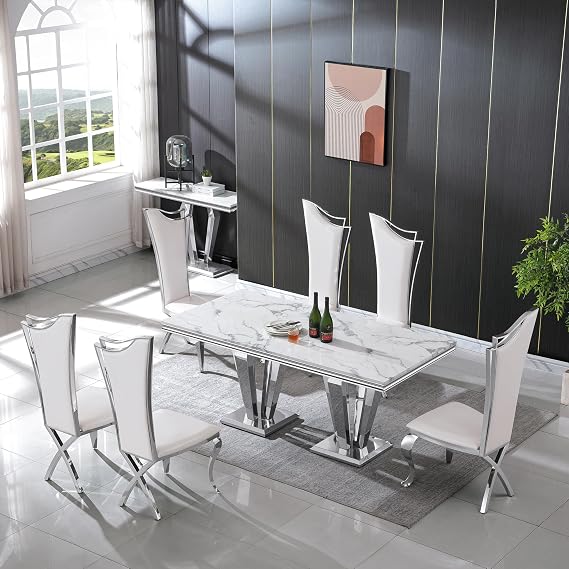 Modern Marble Dining Table for 4-8, Faux Marble Dining Table with Diamond-Shaped Mirrored Finish Stainless Steel Base, Modern Marble Kitchen Table for Living Room Home Office, Silver&White