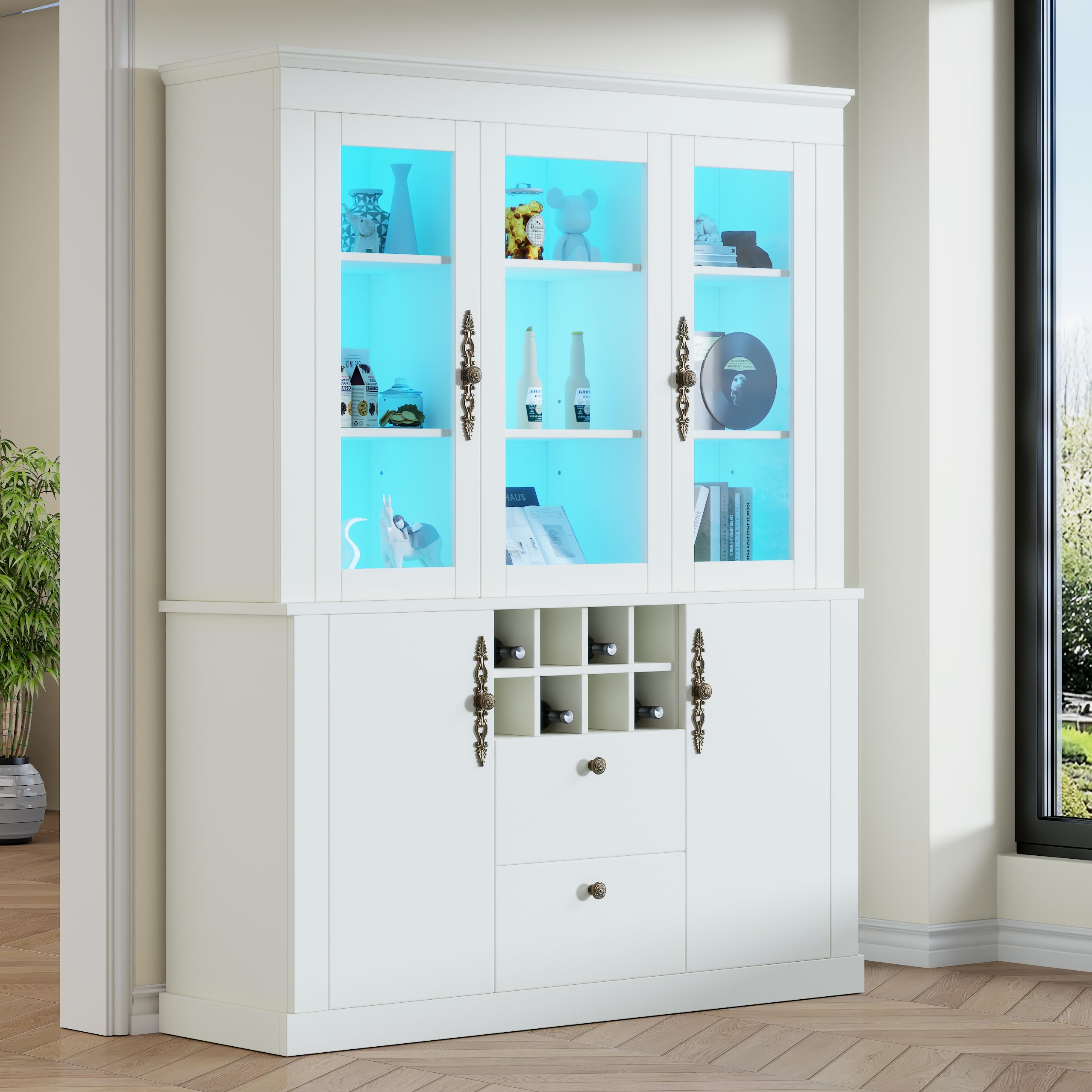 Biała witryna stojąca 130 cm z diodami LED, 2 szuflady, 8 regałów na wino i 4 drzwi