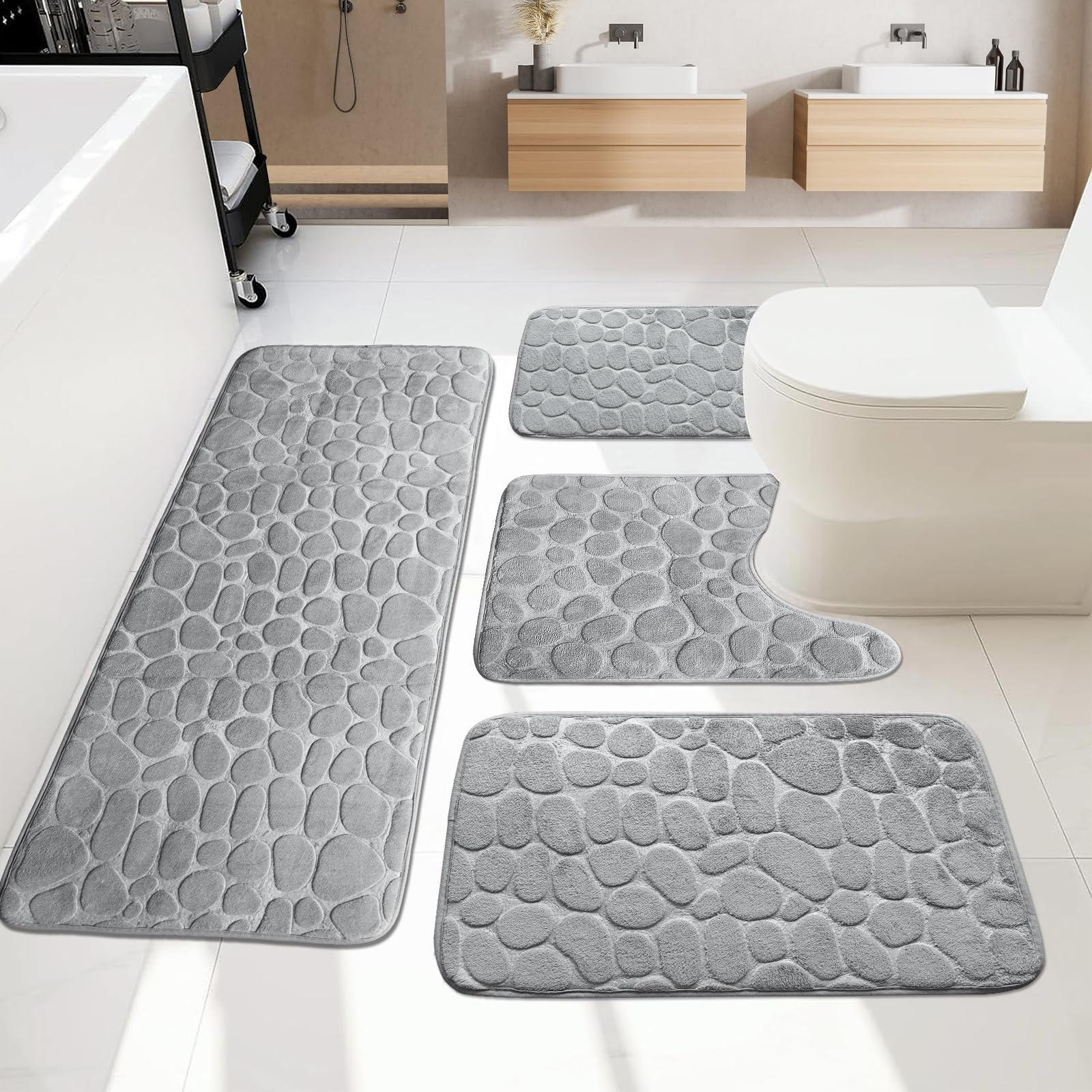 Tapis de bain set 4 pièces absorbant avec tapis de douche gris lavable