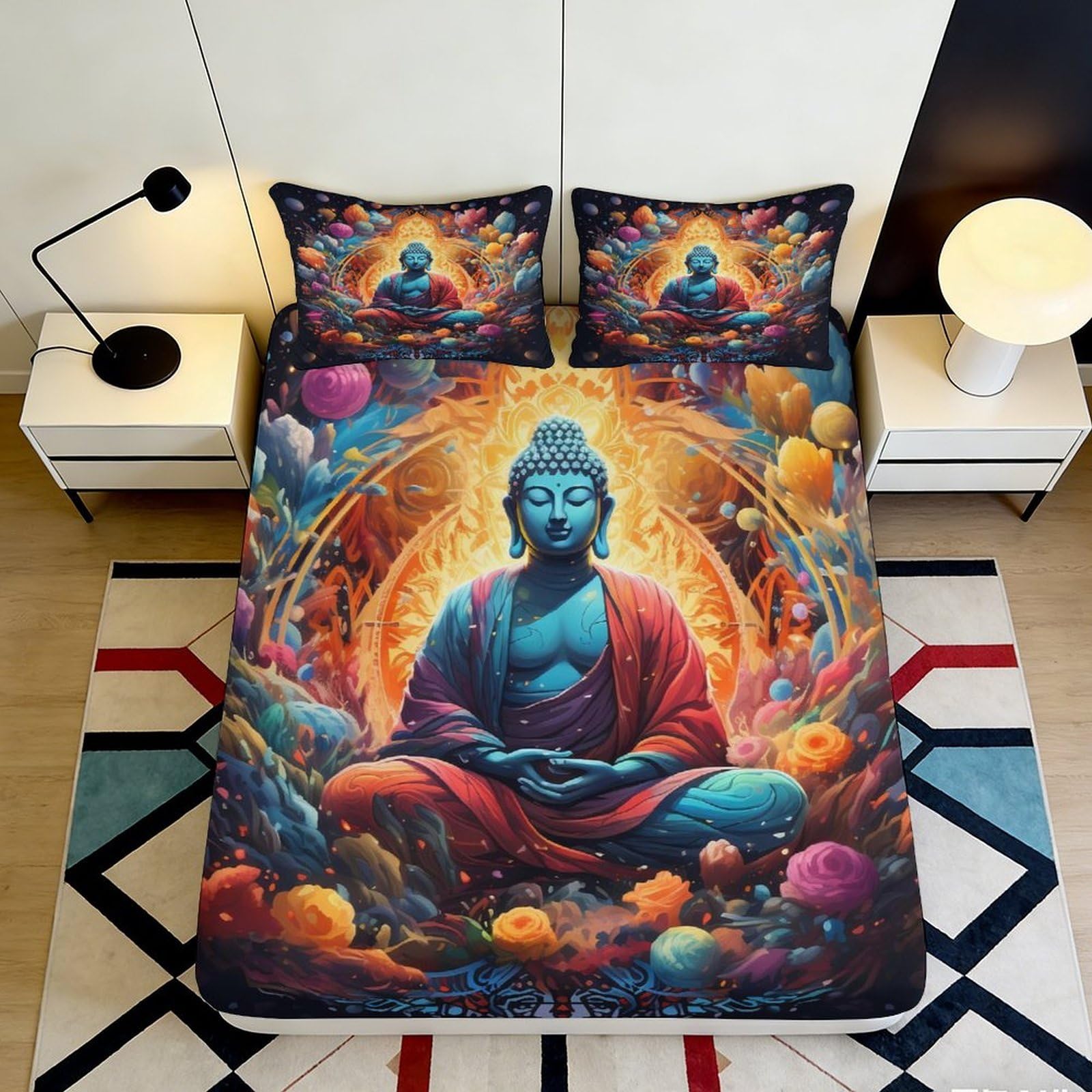 3D Printed Buddha Pattern Fitted Sheet Microfiber Soft Durable Colorful 3D Printed Cosmic Nebula Mattress Cover for Bedroom Dorm Dormitory Guest Room 160x200x25cm