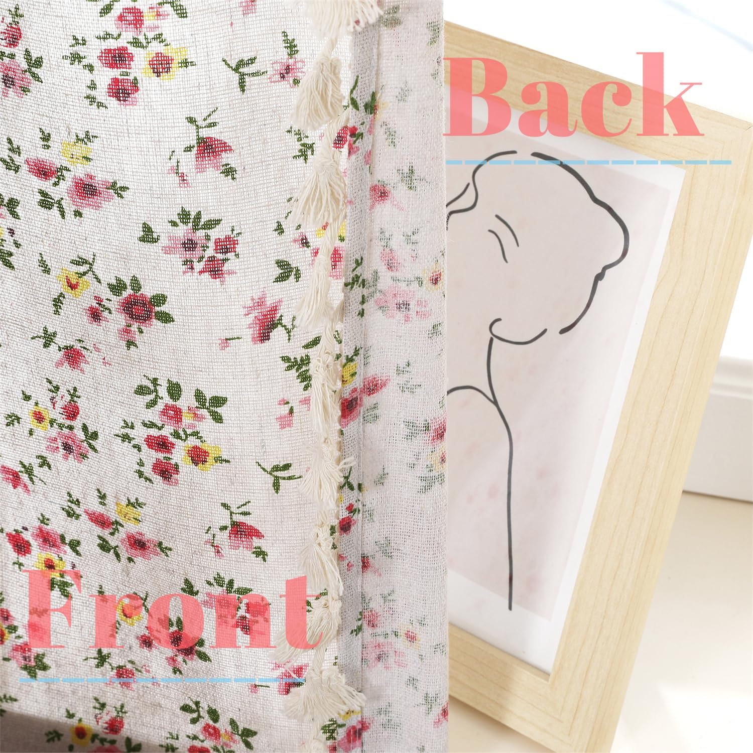 1 Pair Floral Linen Curtains Rustic Country Style Light Filtering Rod Pocket Window Drapes Beige Tassels, 52" W x 63" L Red Rose Flower on Beige
