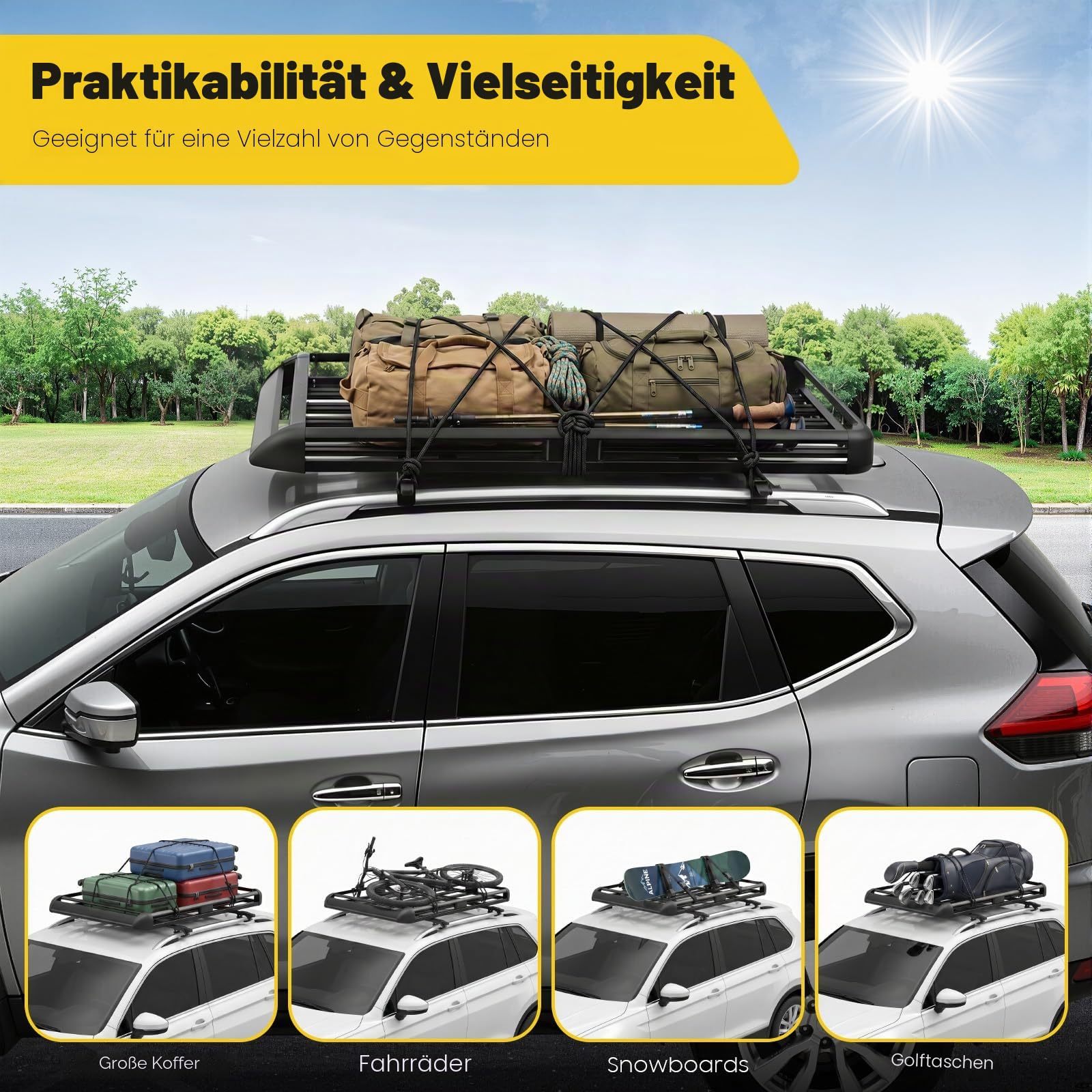 Dachgepäckträger Korb Auto Dachkorb Universal 150KG Tragfähigkeit 160CM | Dachgepäckträger Verstellbare Breite 100-135CM, Aluminium+eisen, Leicht nur 10.2KG für Suv mit Eingebauter Reling 160 * 100
