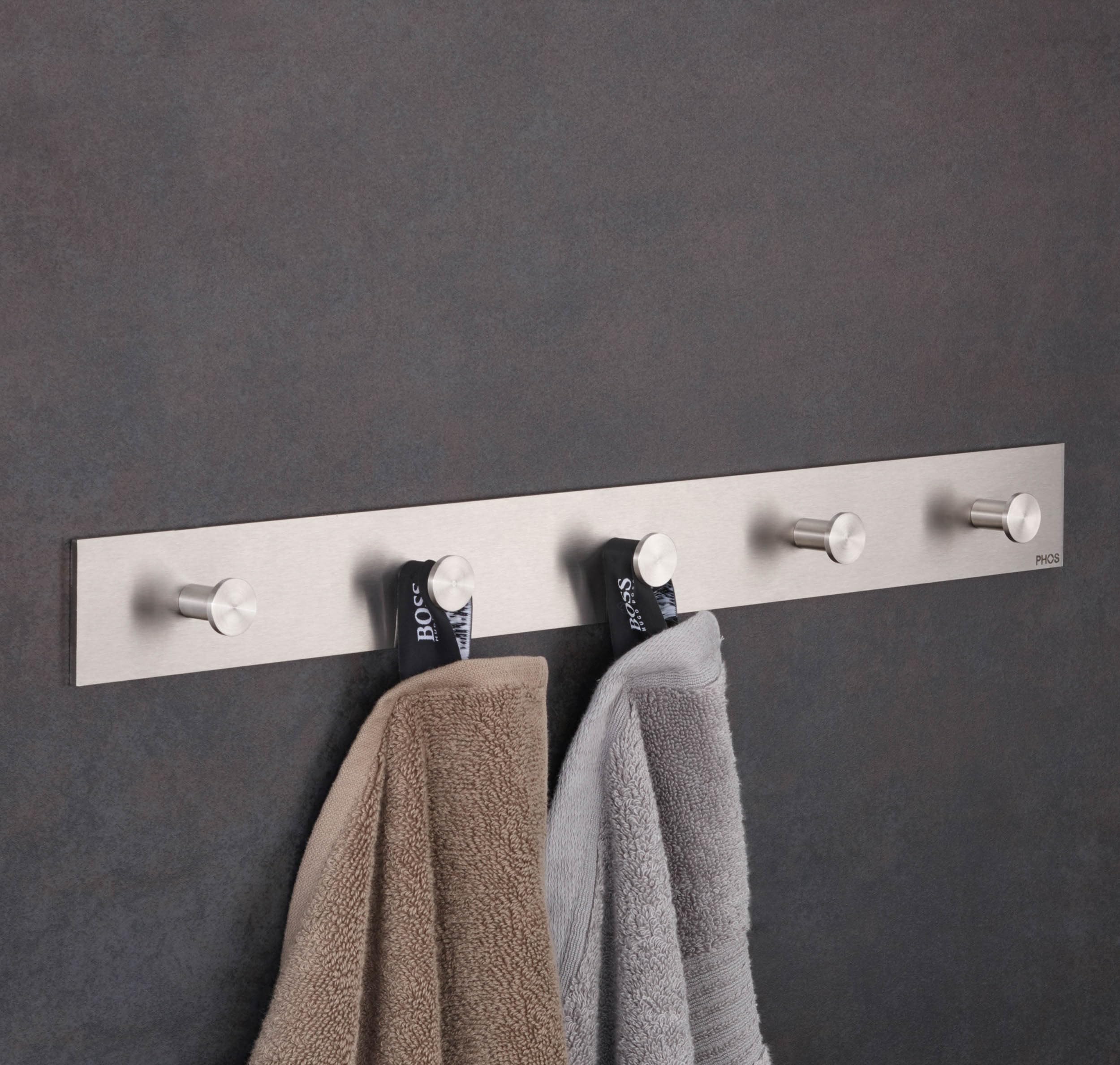Listwa na ręczniki ze stali nierdzewnej, szerokość 50 cm, 5 haczyków, listwa z haczykami, listwa na ręczniki - PHOS Design