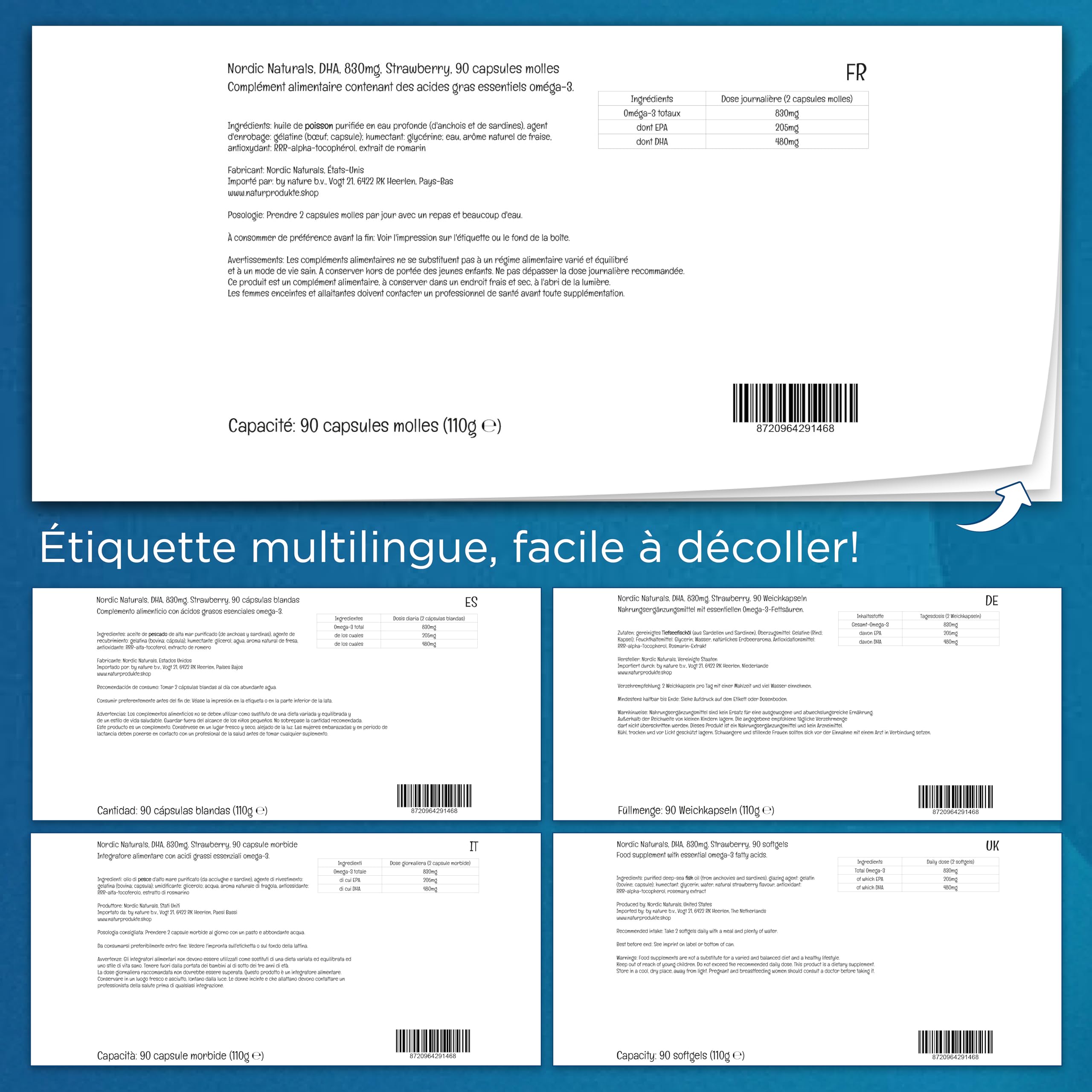 Nordic Naturals, DHA, 830mg d'Oméga-3, Huile de Poisson avec EPA et DHA, Goût Fraise, 90 Capsules molles, Testé en Laboratoire, Sans Soja, Sans Gluten, Sans OGM