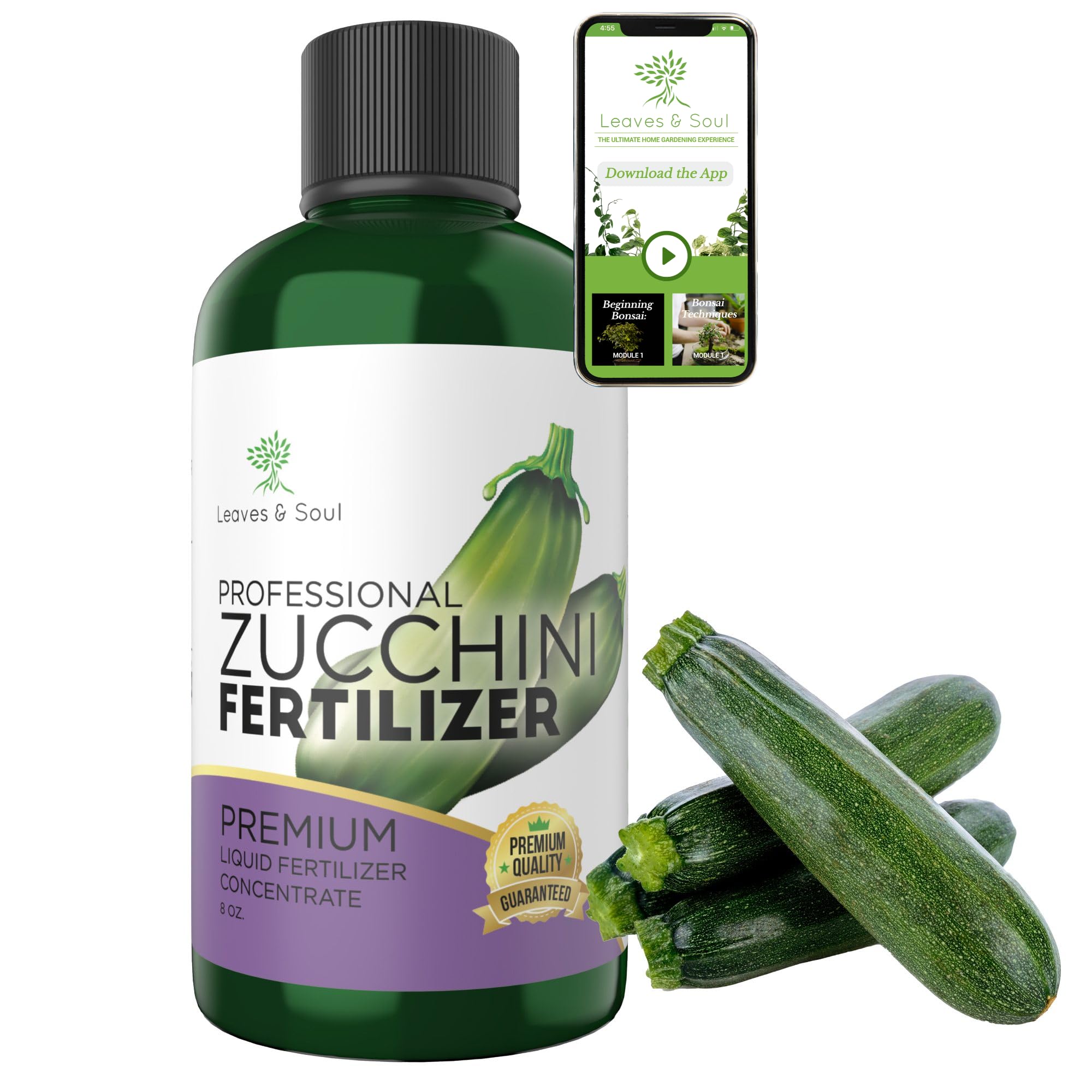LEAVES AND SOUL Professional Liquid Zucchini Fertilizer | 5-1-5 Concentrate, Liquid Plant Fertilizer for Garden, Healthy Produce, Good Harvest, Multi-Purpose Blend & Gardening Supplies | 8 oz