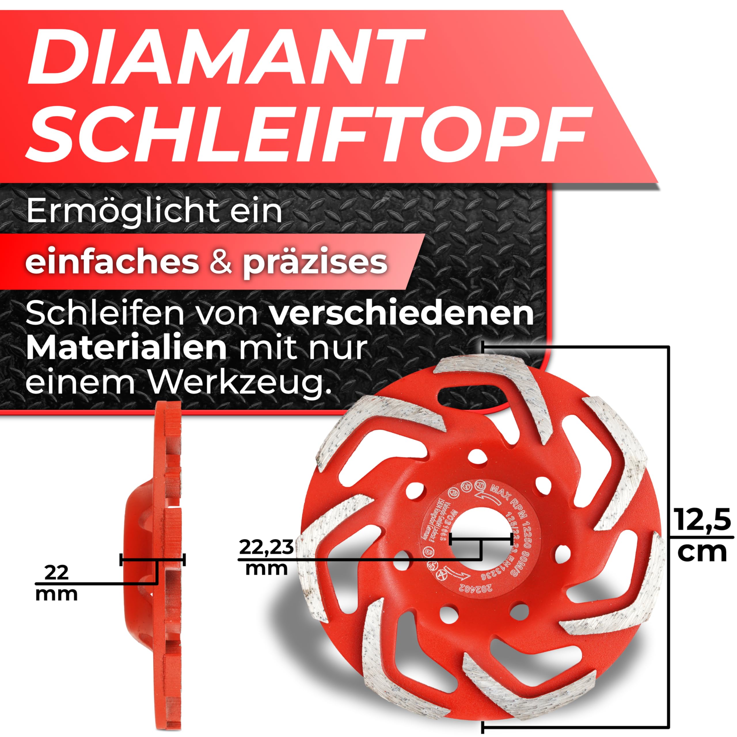 Woltersberger® Diamentowa tarcza szlifierska 125 mm x 22,23 mm, diamentowa szlifierka do szlifowania betonu i twardych materiałów budowlanych, granit, kamień naturalny, jastrych, tynk, marmur
