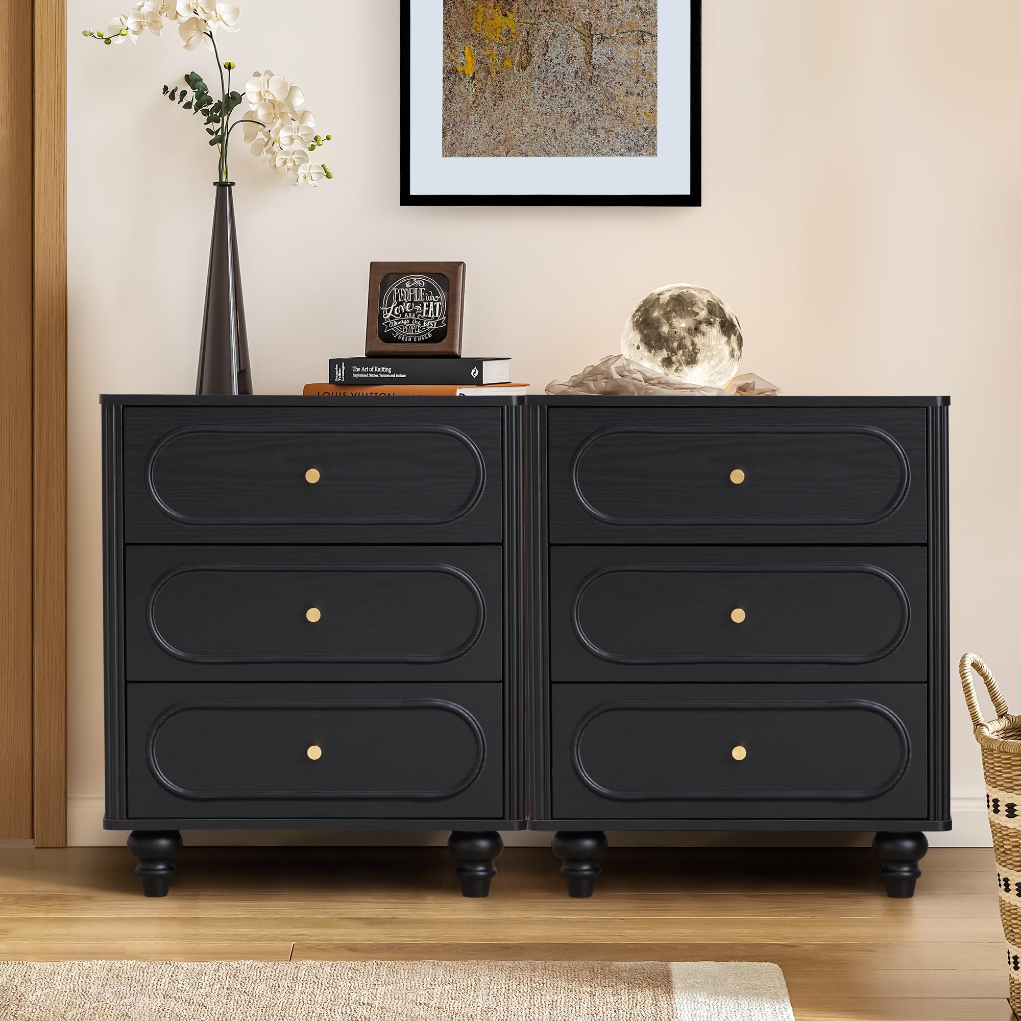 ORRD 3-Drawer Fluted Dresser, black finish with gold knobs