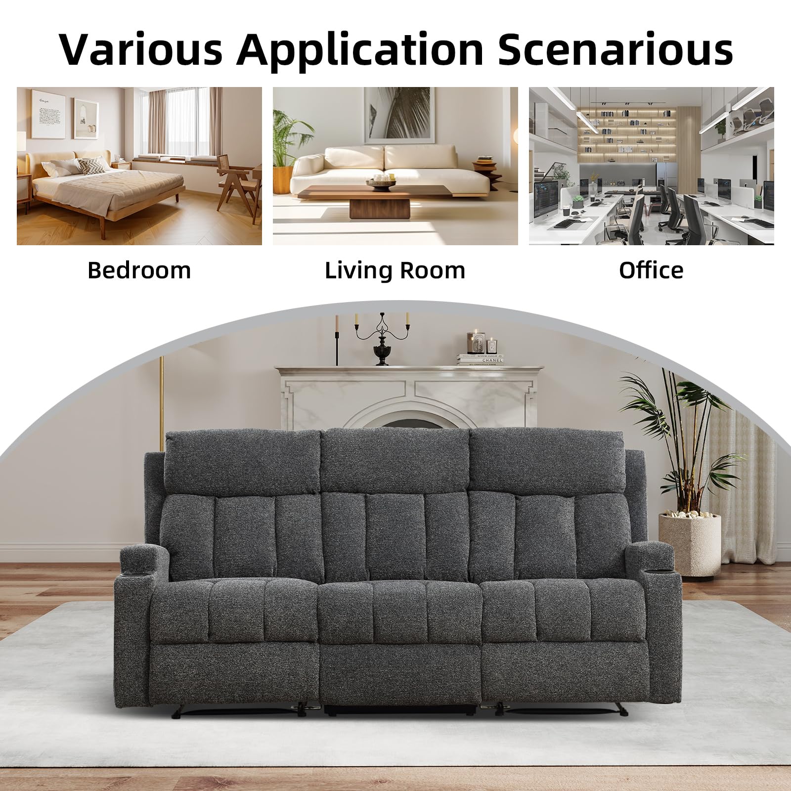 CANMOV Manual Recliner Sofa Set, 3 Seat Recliner with Side Pockets and Cup Holders, Sofa Couch with Adjustable Footrest for Living Room/Office/Home Theater, Dark Grey view 9