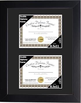 Creative Picture Frames 8.5x11 inch Classic Black Double Diploma Frame with Black Mat Glass and Installed Wall Hanger