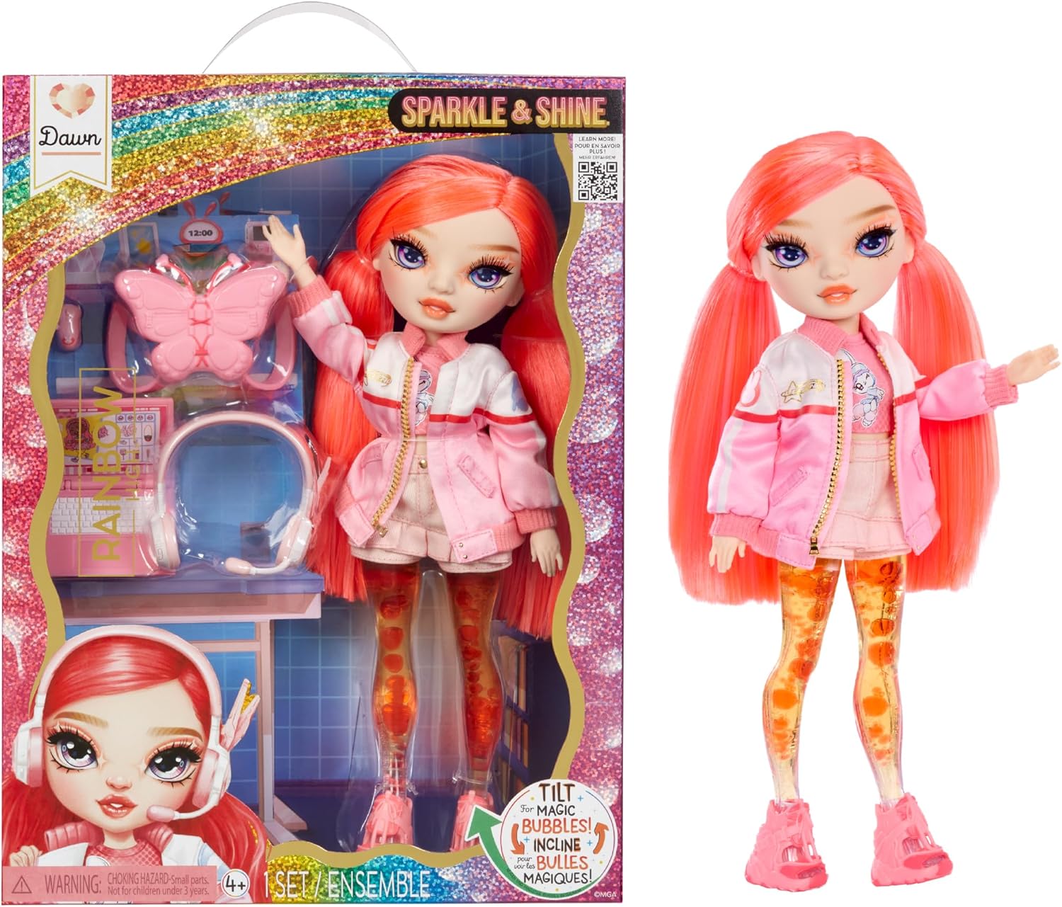 Rainbow High Sparkle & Shine Doll - Dawn - 28 cm Fashion Doll with Coral Hair and Magic Bubbles in the Legs, Colour, for Styling and Play, Collectable, for Children from 4 to 12 Years