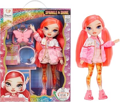 Rainbow High Sparkle & Shine Doll - Dawn - 28 cm Modepuppe mit Korallenrotem Haar und Magischen Zauberblasen in den Beinen, Farbe, zum Stylen und Spielen, Sammlerstück, Für Kinder von 4 bis 12 Jahren