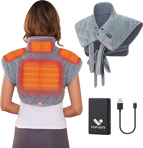 Vofuoti Almohadilla térmica para cuello y hombros, almohadilla térmica portátil inalámbrica con masajeador y batería, envoltura eléctrica con peso