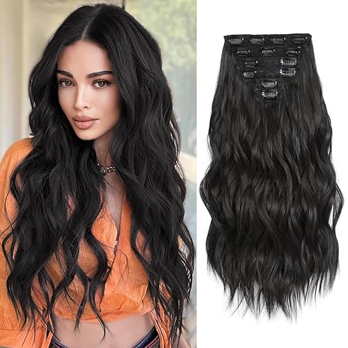 Extensiones de cabello con clip, extensiones de cabello ondulado de 20 pulgadas de largo, 6 piezas de cabello castaño negro que se mezclan