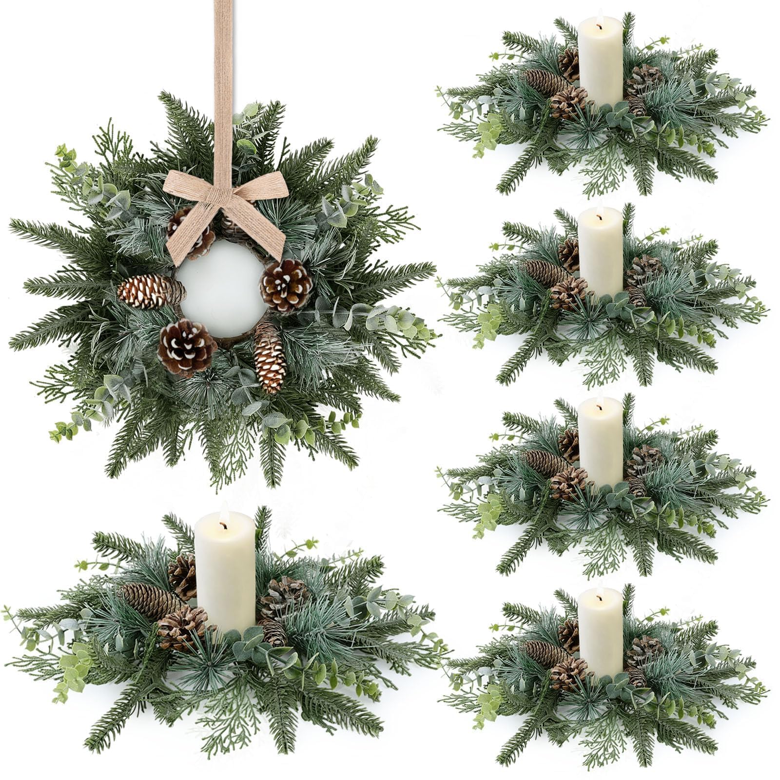 6 PCS Christmas Candle Rings Wreaths Norfolk Snowy Pine Needles Garland Pinecones Wreaths Artificial Cedar Candle Rings Holder for Christmas Wedding Home Table Centerpiece Door Window Chair Wall