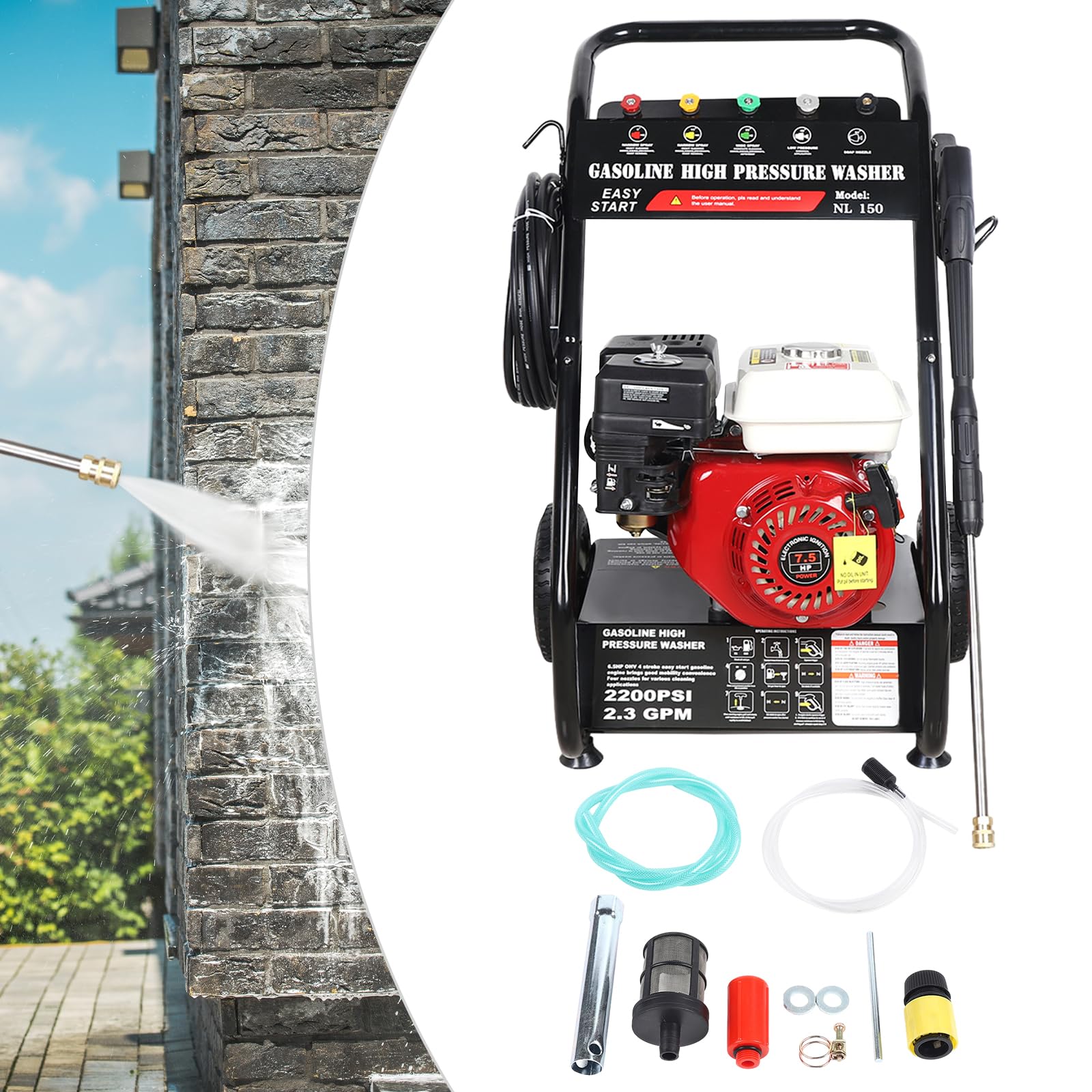Limpiador de alta presión de gasolina 7,5 CV 170-190 bar con 5 boquillas y manguera de 8 m, limpiador de alta presión profesional para coche, patio, patio, limpieza para coche, vehículo, terraza