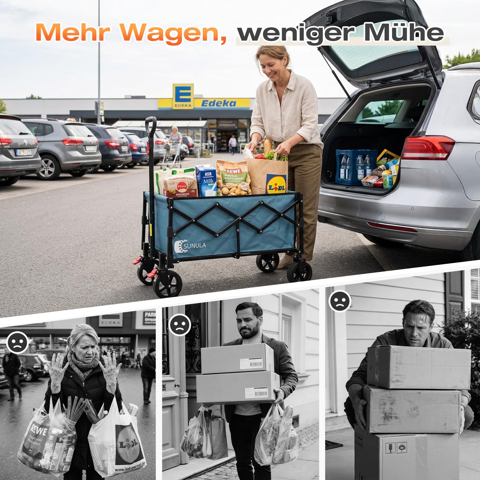 SUNULA Bollerwagen Faltbar Klein 80L, Handwagen Geländegängig mit Bremsen | Leichter Faltbollerwagen mit halbiertem Eigengewicht, Faltbarer Handwagen 100KG, ideal für Einkauf, Camping, Garten, Blau