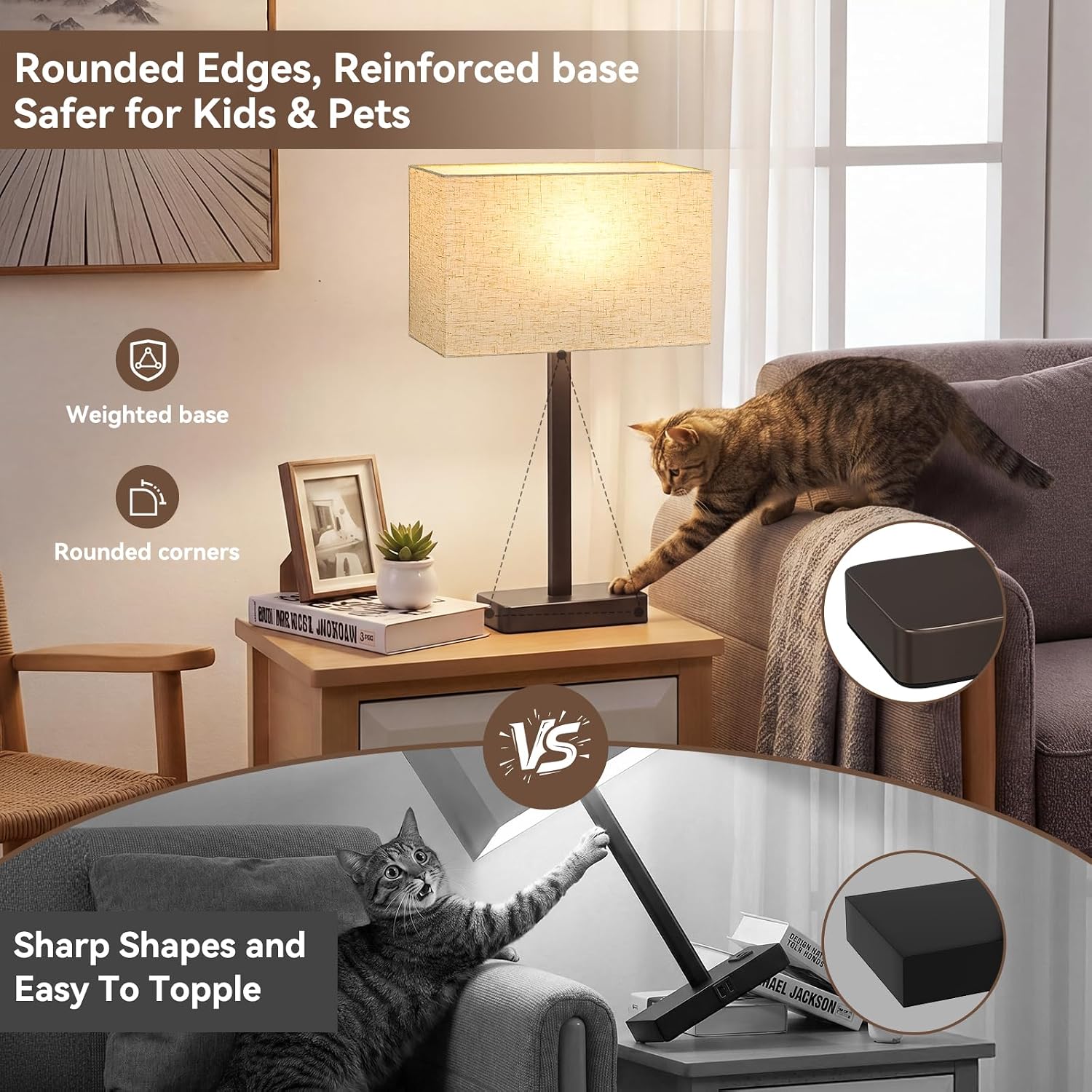 Touch Lamps for Bedroom Set of 2, Dimmable White& Brown Bedside Table Lamp image 5