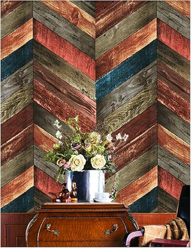 DWIND D1092 - Papel tapiz de vinilo vintage con tablones de madera sintética para despegar y pegar, rojo/azul, 17.7 pulgadas x 9.8 pies, con