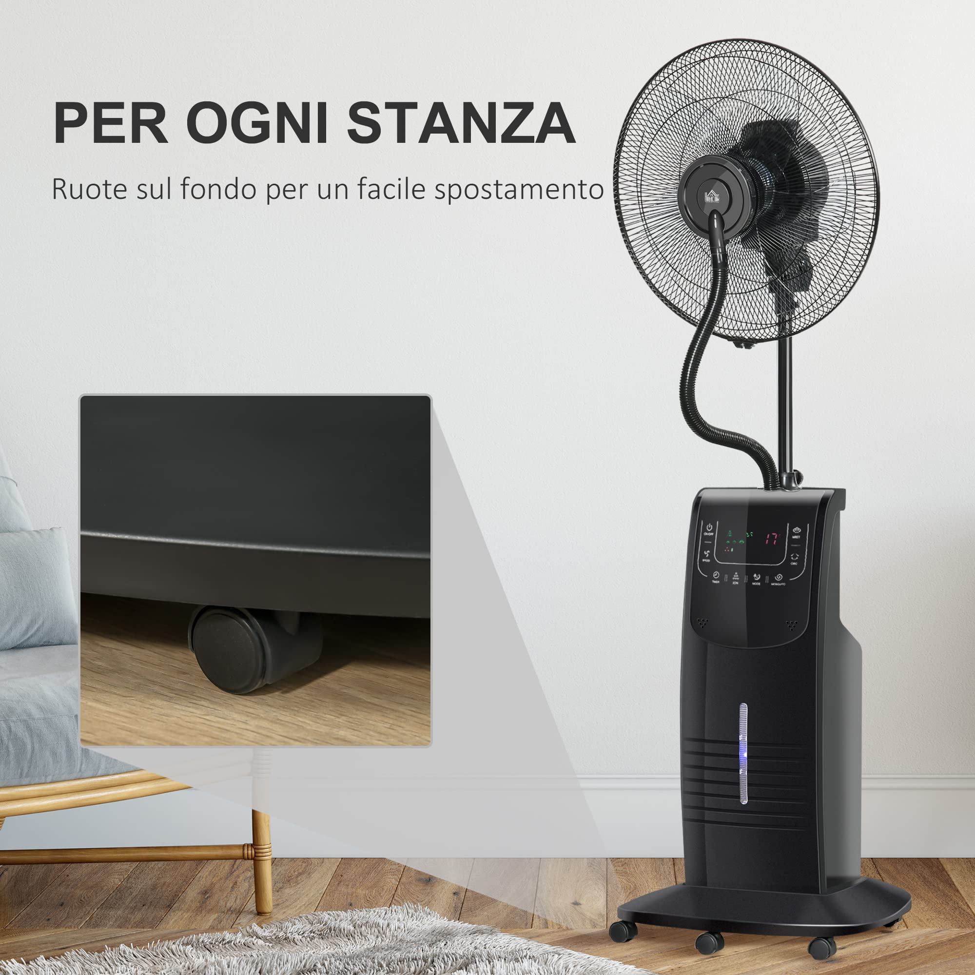 HOMCOM Ventilatore Nebulizzatore con Telecomando da 5m, Timer 12h e Oscillazione 70°, 3 Velocità, 3 Funzioni e Antizanzare, Tanica 3.1L, 90W, Ф44.5x135cm Nero