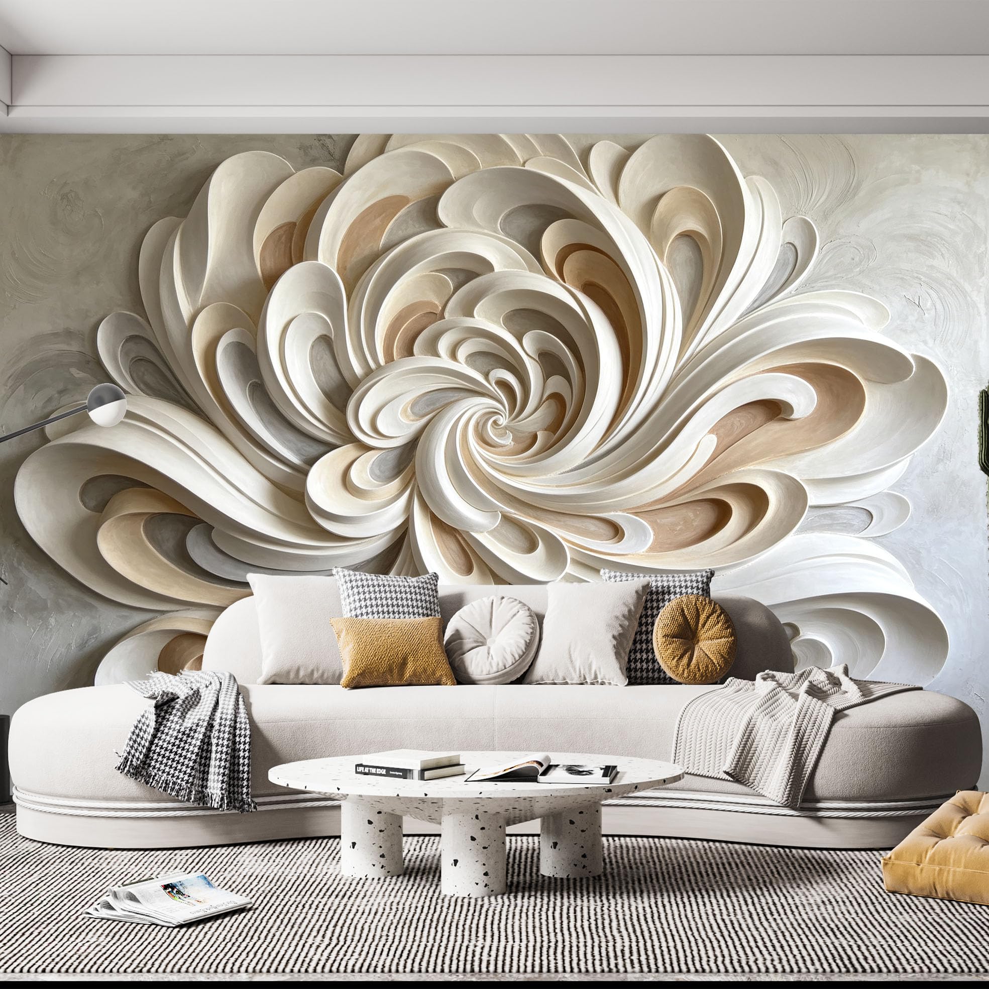 Papel pintado floral escultórico abstracto con efecto 3D pétalos remolinos papel pintado no tejido moderno lujo pétalos curvos revestimiento de pared en 400 x 280 cm crema beige decoración de pared de