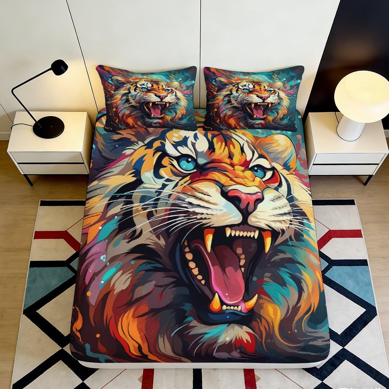 Pnayamiorkfel Style-6 3D Printed Vibrant Tiger Fitted Sheet Microfiber Soft Breathable Wild Roaring Tiger Bed Cover For Bedroom Dorm Decor 90X200x25cm