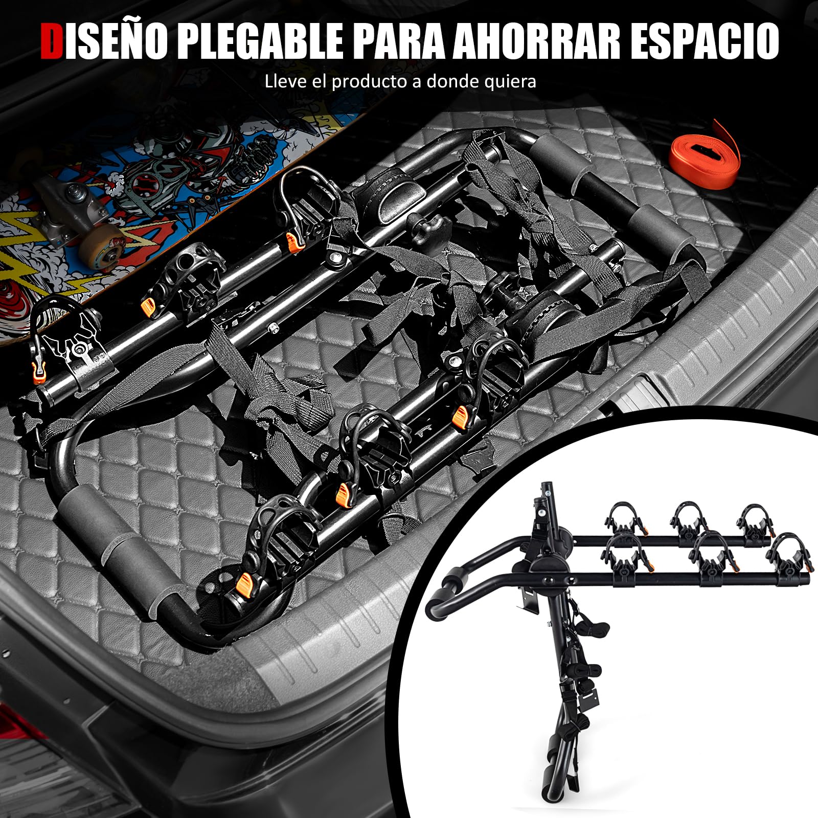 GYMAX Portabicicletas Coche con Longitud y Ángulo Ajustables para 3 Bicicletas, Soporte para Maletero para Maletero con Barra Superior y la Mayoría de Sedanes, Hatchbacks, Minivans y SUV