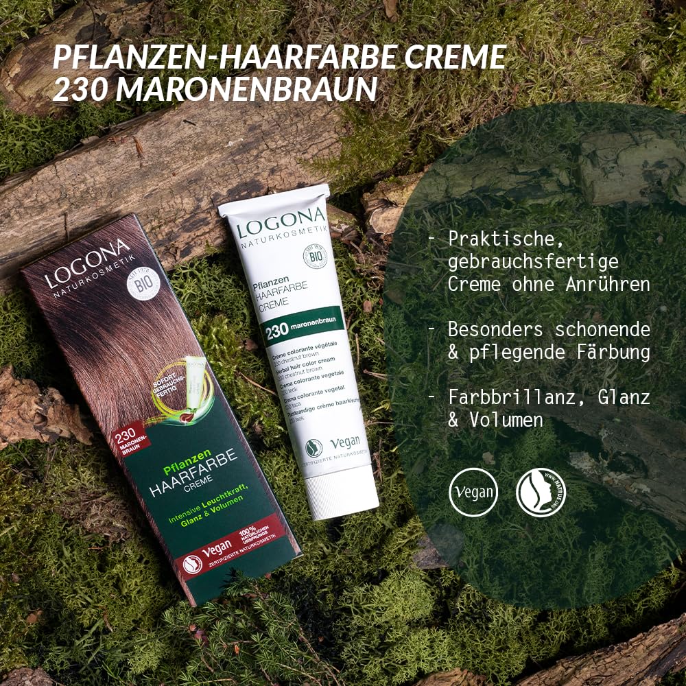 LOGONA Naturkosmetik Pflanzen-Haarfarbe Creme 230 Maronenbraun, Braune Natur mit Henna, vegane Farbcreme für eine dauerhafte Coloration, schonende Färbung für glänzendes Haar, 150ml (Packung mit 2)