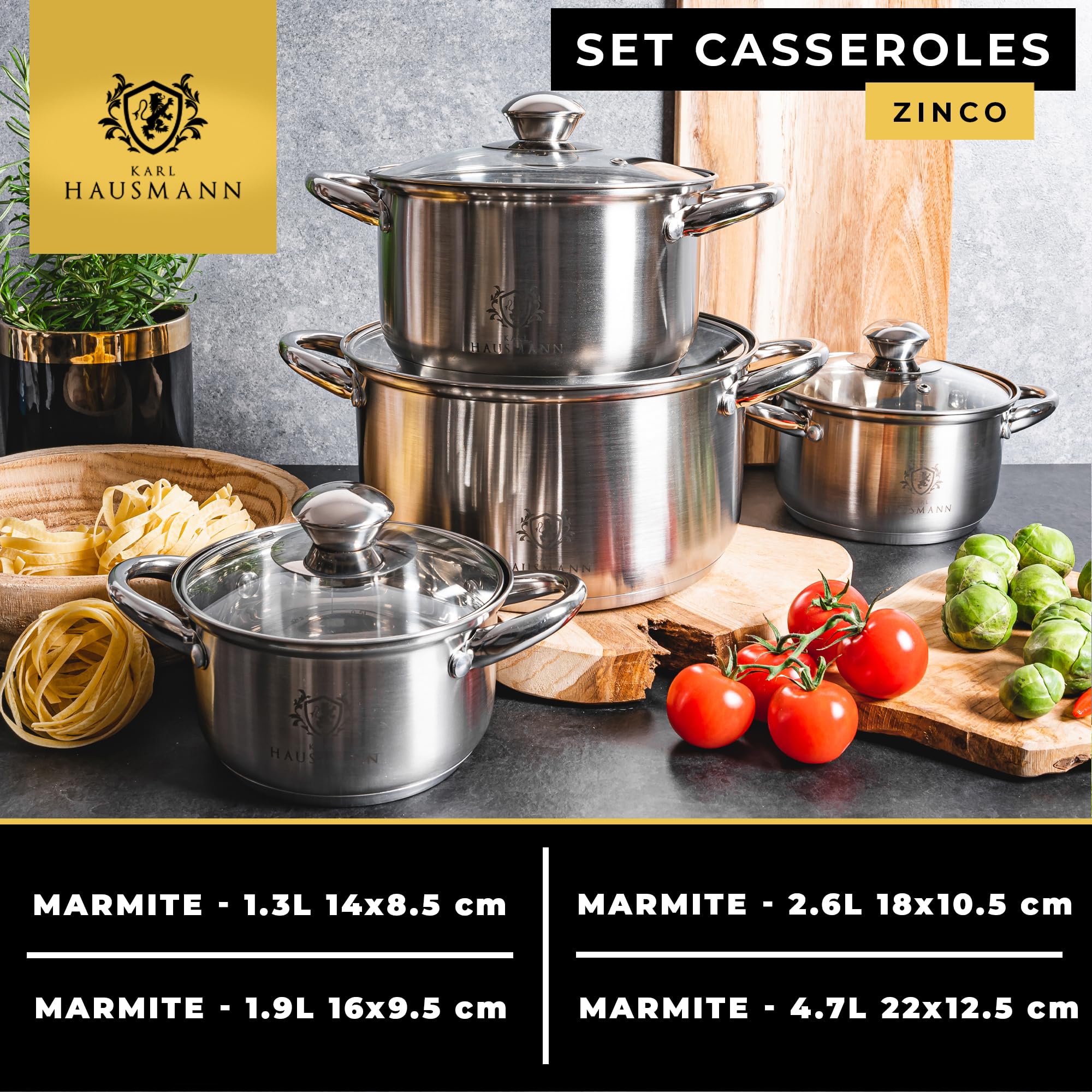 KARL HAUSMANN Lot de 4 Casseroles Induction Inox - Avec Couvercle Verre - Sans Revêtement - Compatibles Cuisinière, Gaz, Électrique - Graduation Intégrée - Set Casserole Tout Feux Cuisine