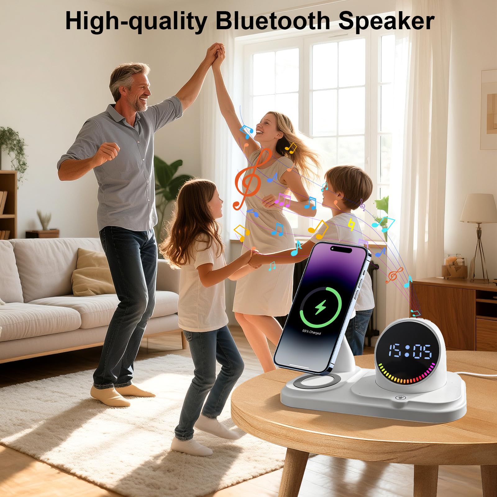 6 en 1 Cargador inalámbrico para iPhone con Altavoz Bluetooth, estación de Carga rápida para iPhone 17/16/15/14/13/12/11/Pro/Max/Plus, para Apple Watch y AirPods - 5