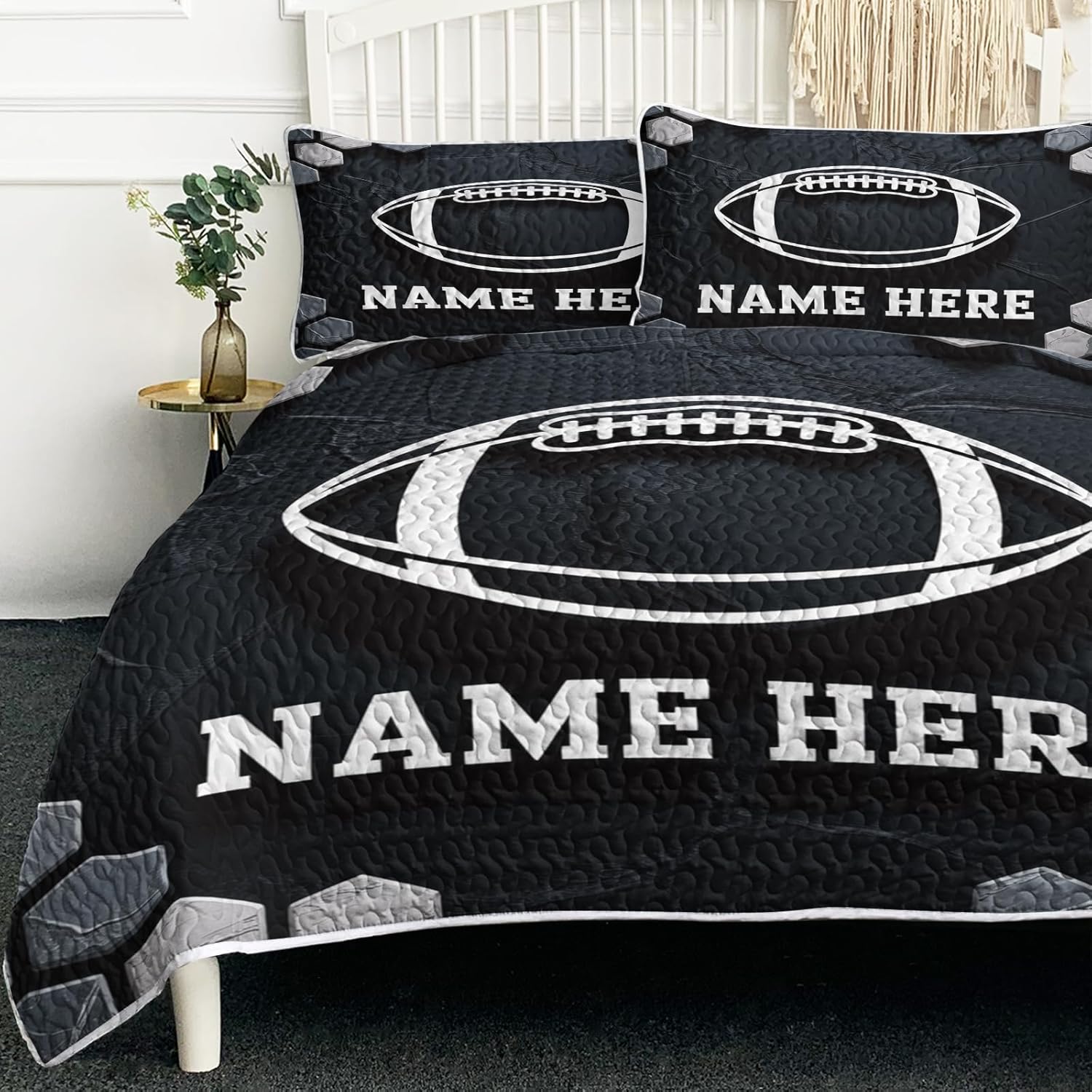 BlessLiving Personalized Football Quilt Set 3 Piece Hexagon Football King Pattern Quilted Bedspread Sports Themed Bedroom Decor Gifts for Boys Soft Lightweight Bed Set 1 Coverlet and 2 Pillowcases