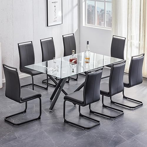Miniatura 17 de Juego de mesa de comedor de cristal para 6.71 pulgadas, mesa de comedor para 6, mesa rectangular grande de vidrio templado y 6 sillas de piel Mesa