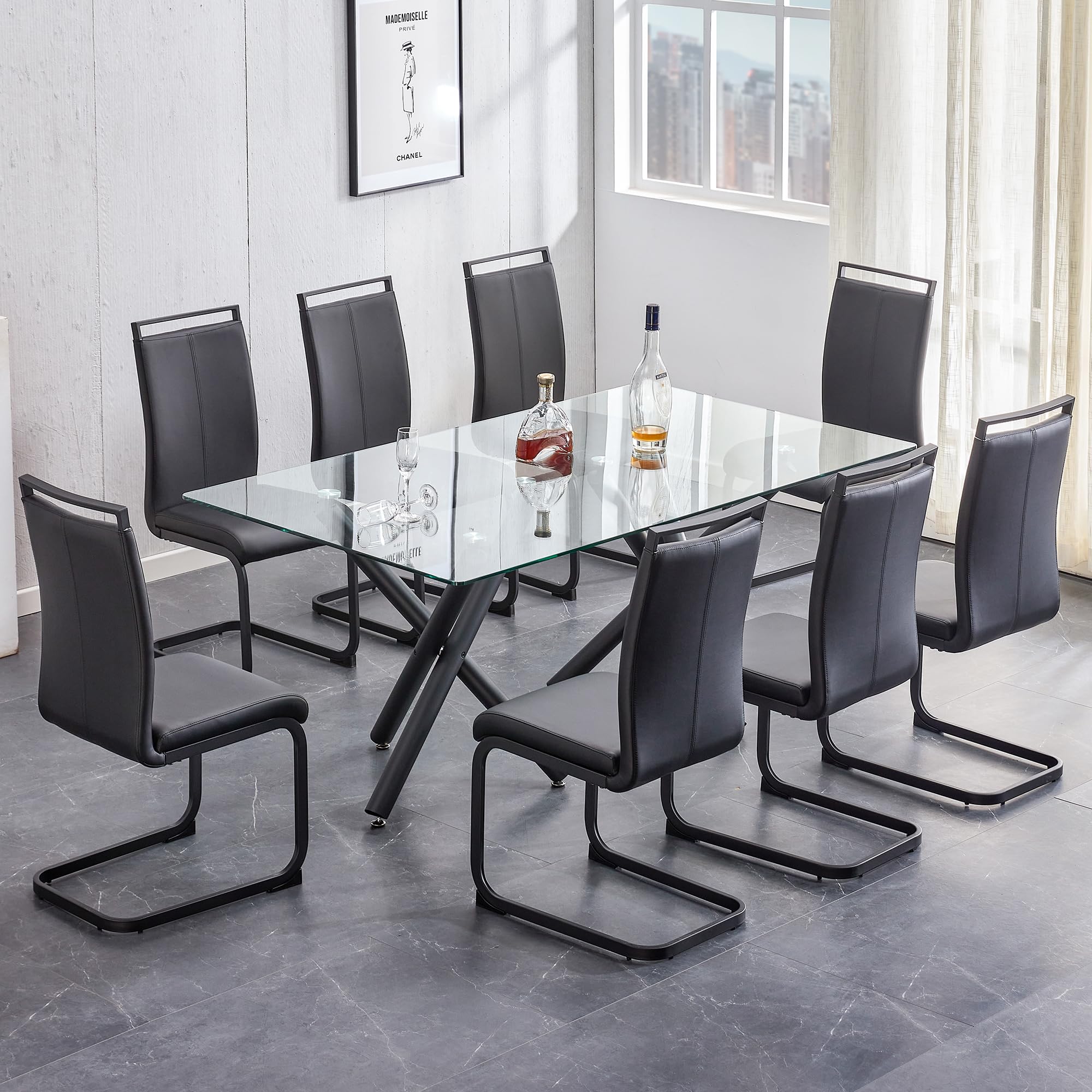 NYEESS Glass Dining Table Set for 8,Dining Room Table Set for 8,71” Large Rectangular Tempered Glass Table and 8 PU Leather Chairs, with Black Legs