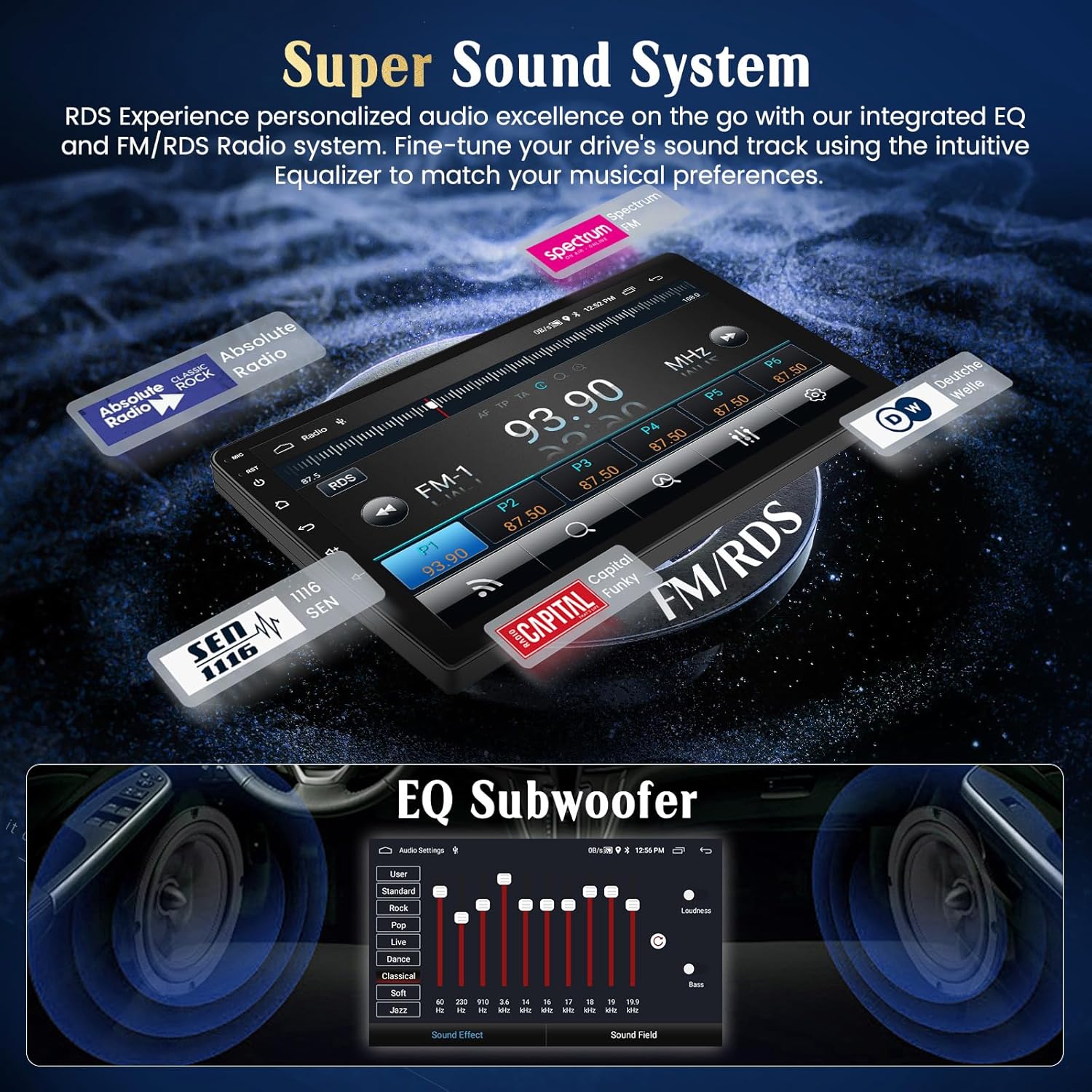 Screenshot of the car radio's equalizer settings and FM/RDS radio interface.